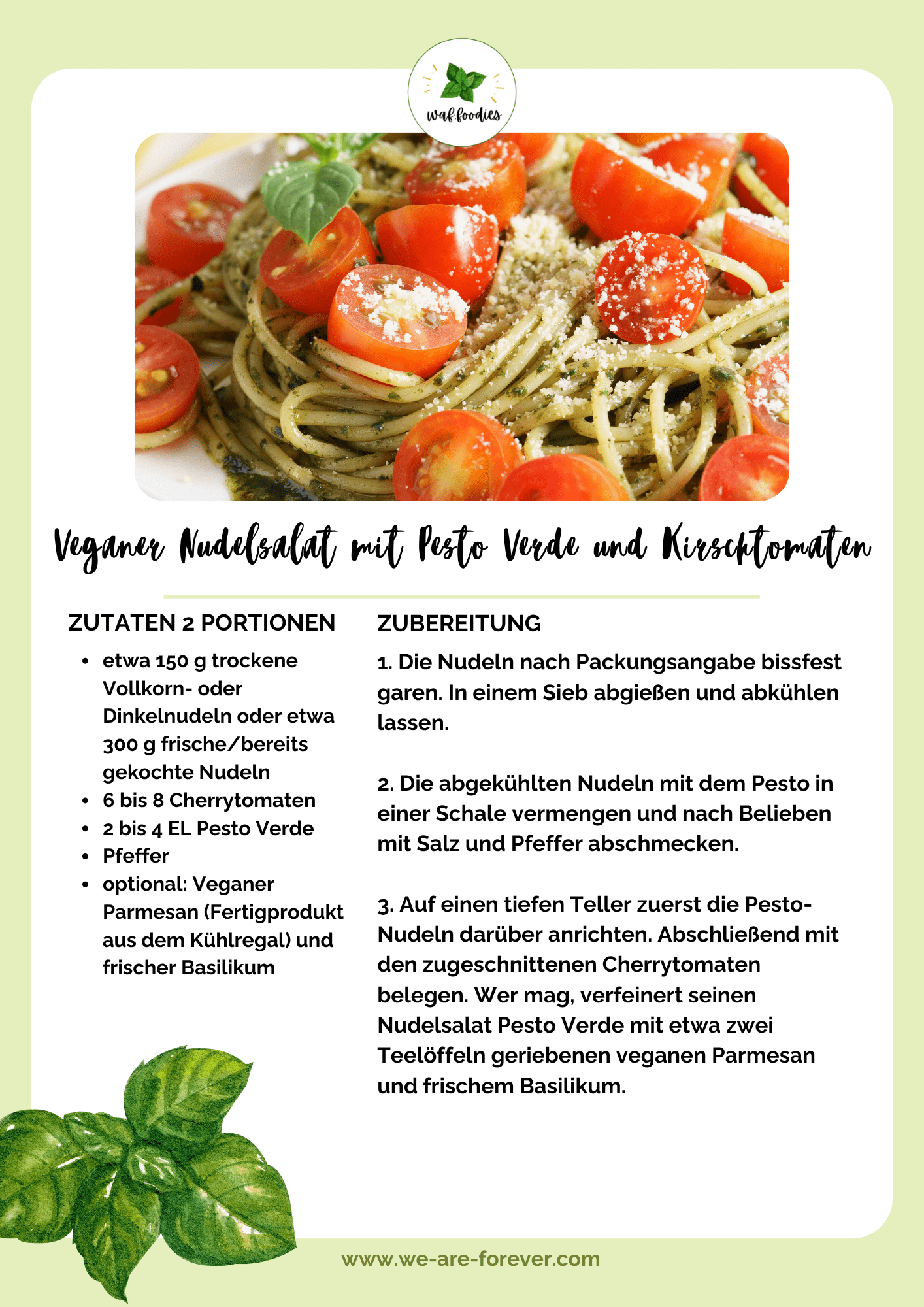 Rezeptkarte für veganen Nudelsalat mit Pesto und Tomaten