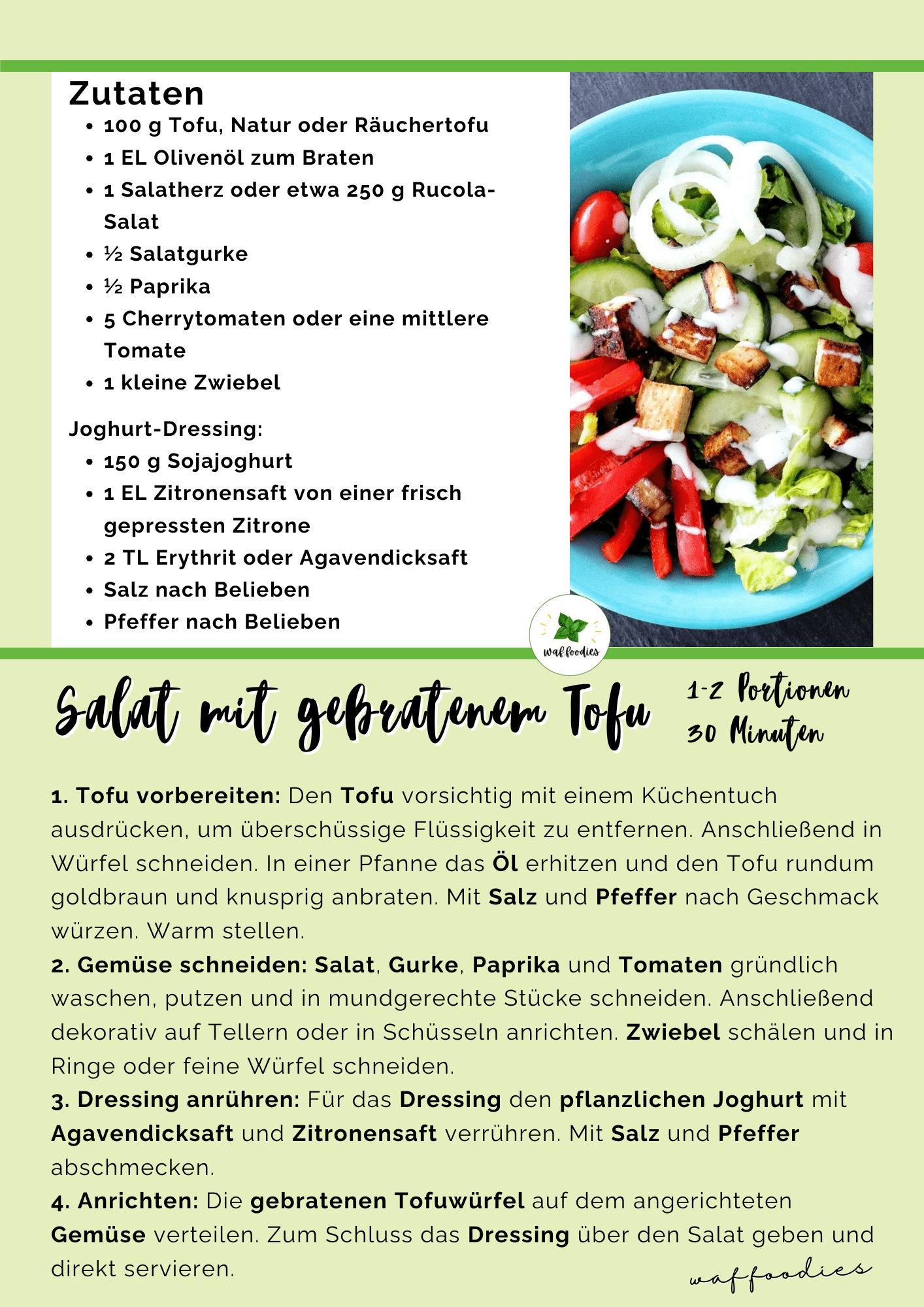 rezeptkarte für salat mit gebratenem tofu