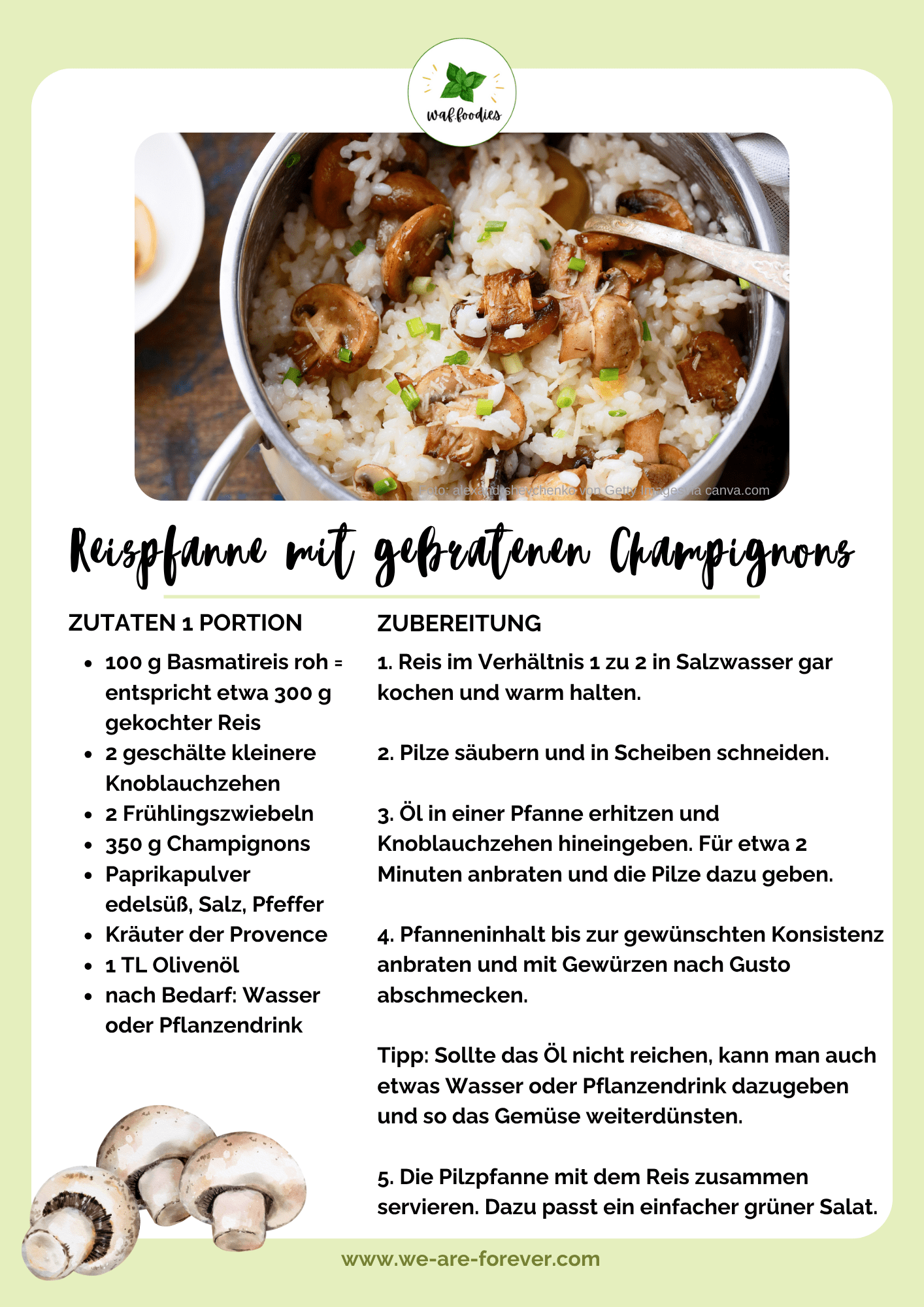 Rezeptkarte Reispfanne mit Champignons | waffoodies