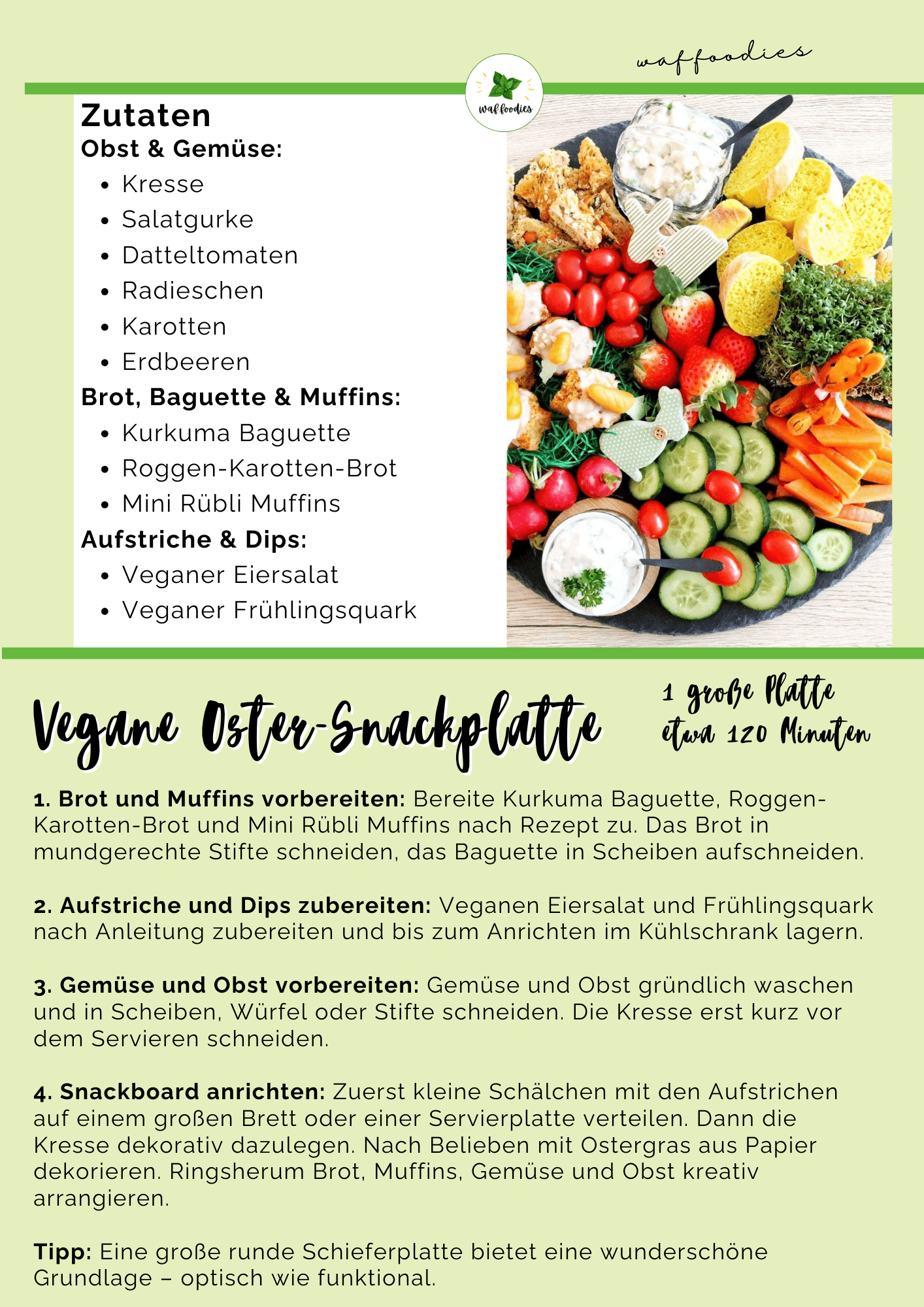 Servieridee: Veganes Snackboard mit Ostergras, Deko und saisonalem Gemüse für das Osterbrunch.