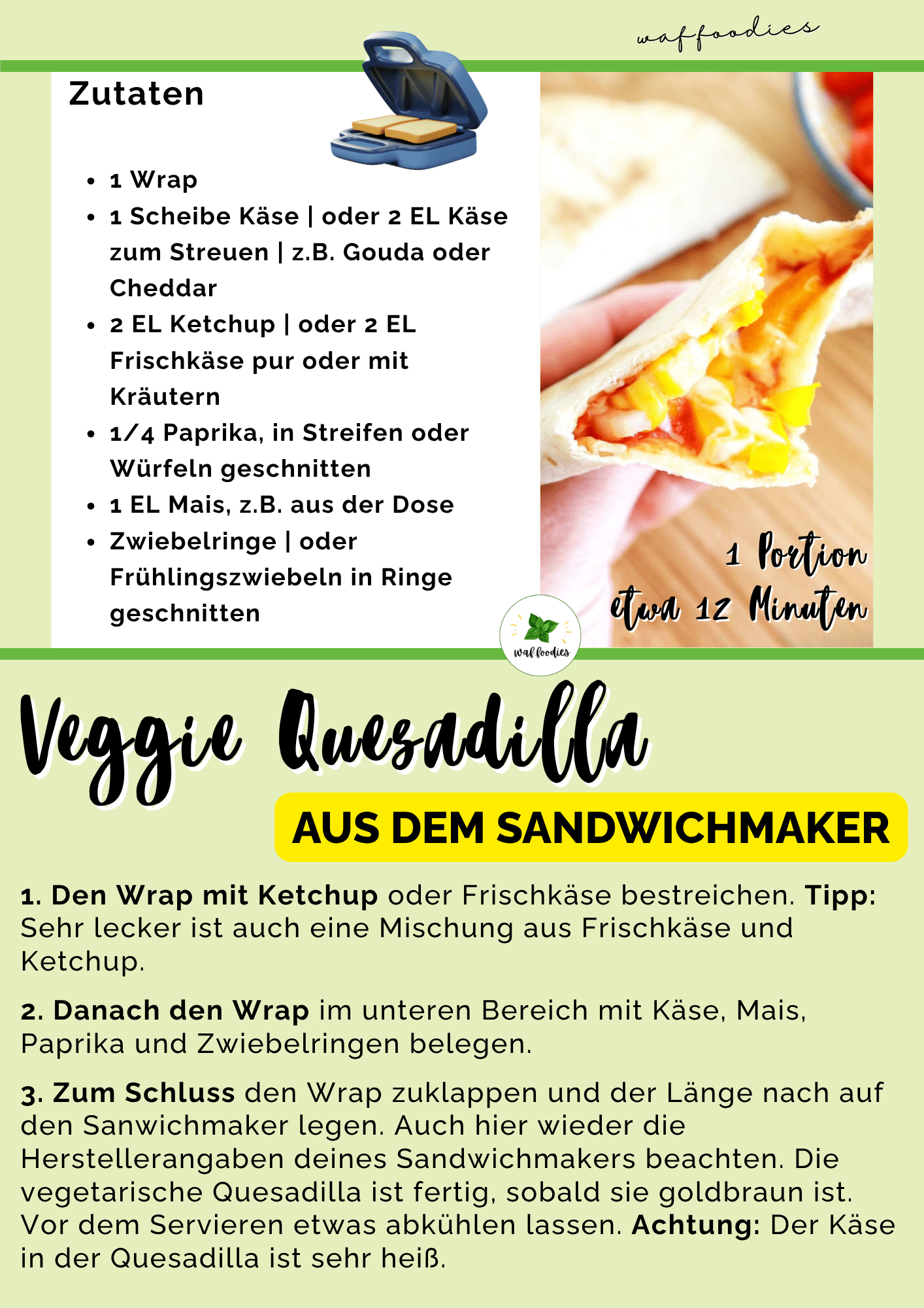rezeptkarte für quesadilla aus dem sandwichmaker