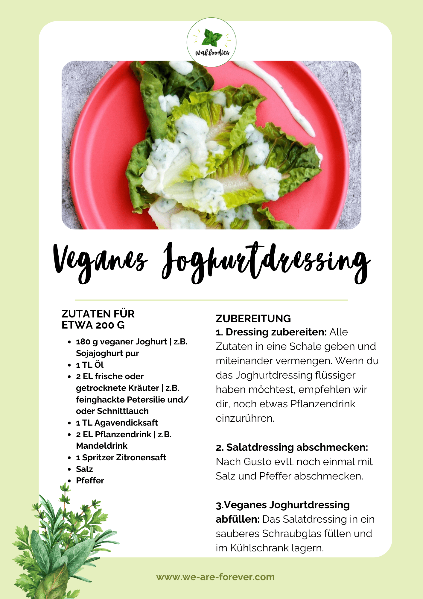 Rezeptkarte für veganes Joghurtdressing