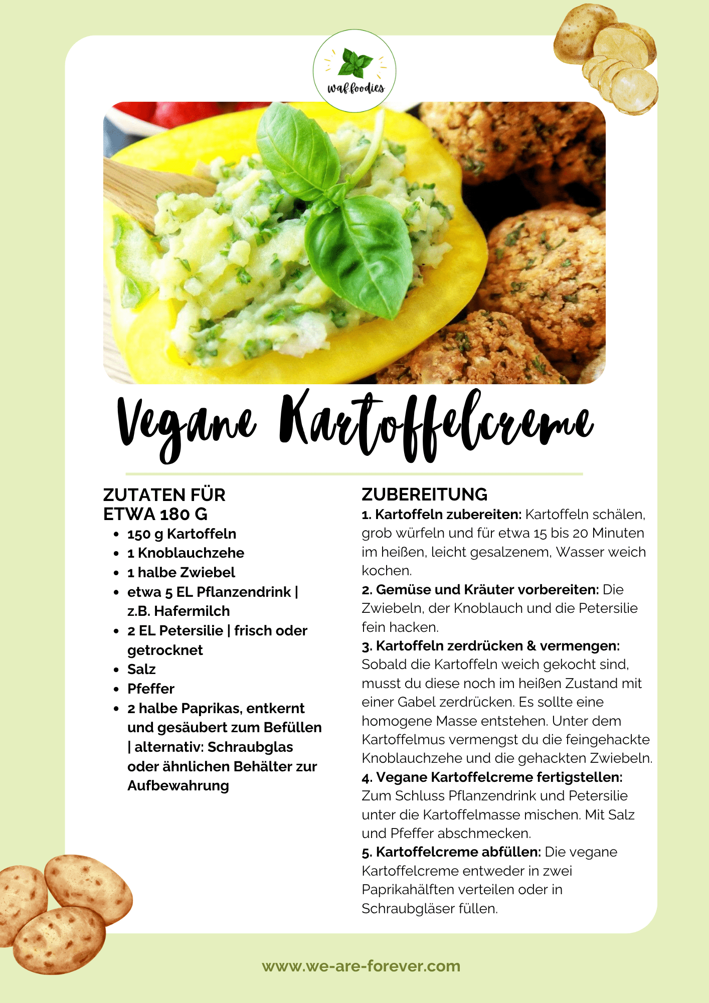 Rezeptkarte für vegane Kartoffelcreme als Aufstrich