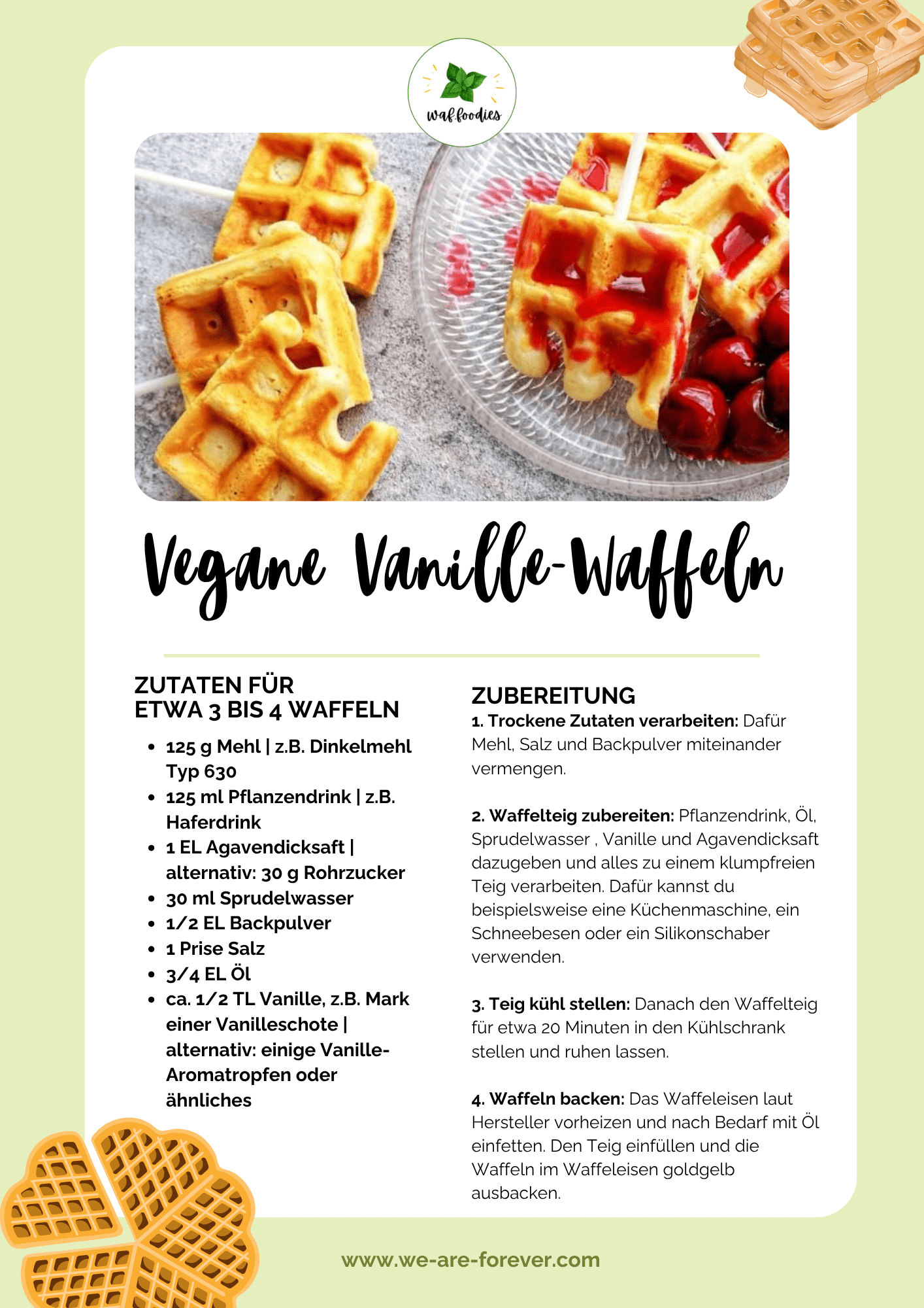Rezeptkarte für vegane Vanillewaffeln zum Ausdrucken