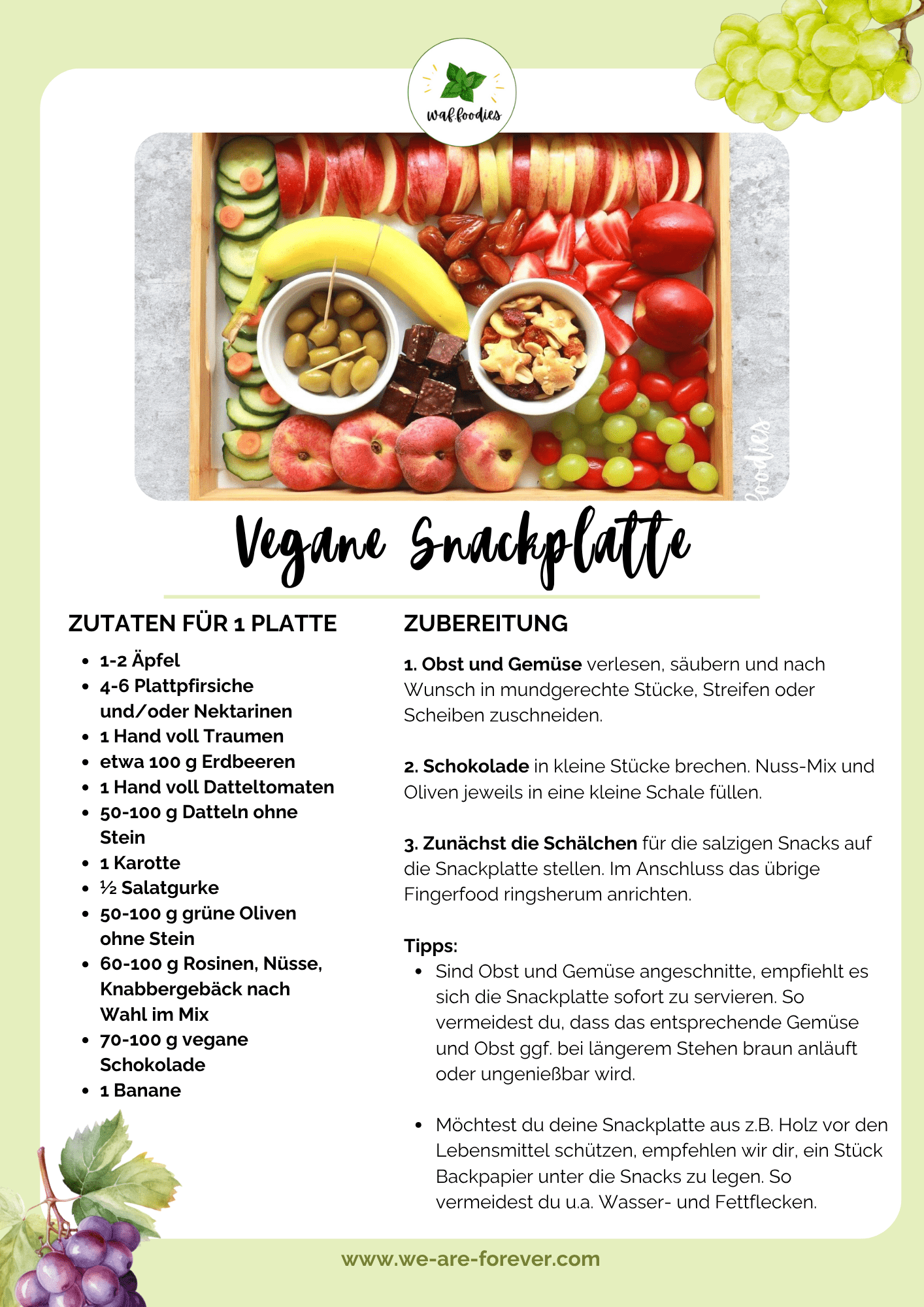 Rezeptkarte für vegane Snackplatte 