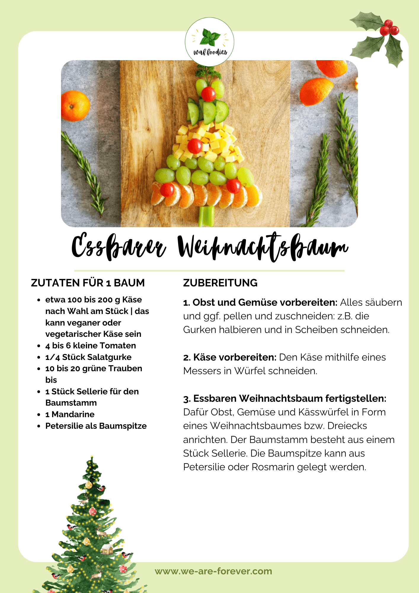 Rezeptkarte für eine Weihnachts-Snackplatte mit Obst und Gemüse