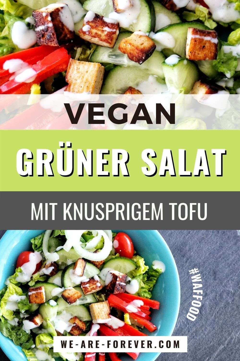 salat mit gebratenem Tofu in einer blauen salatschale serviert mit salatdressing