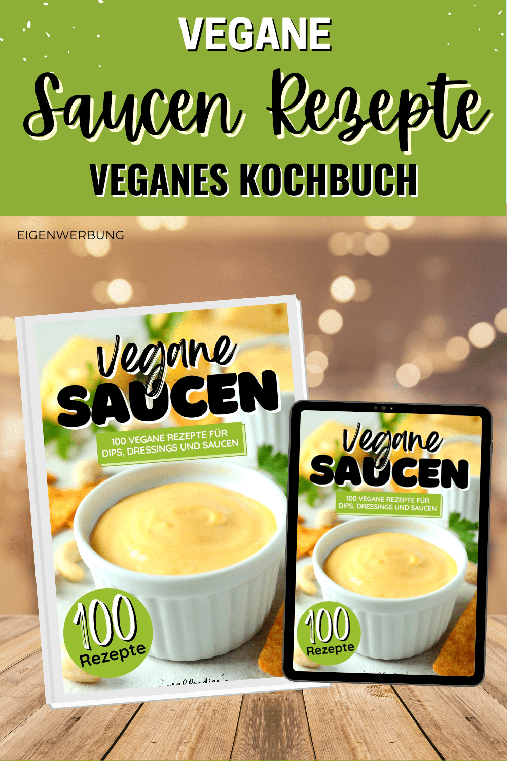 Kochbuch aufgeschlagen mit Rezeptseite für vegane Sauce.