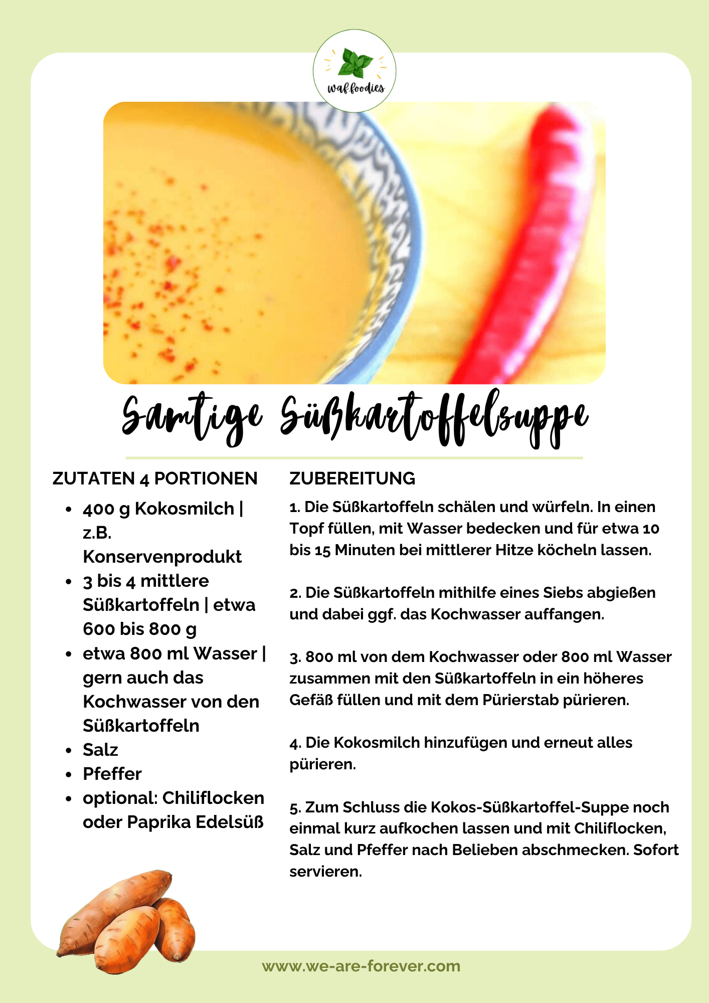 Rezeptkarte für Süßkartoffelsuppe mit Kokos und Chili