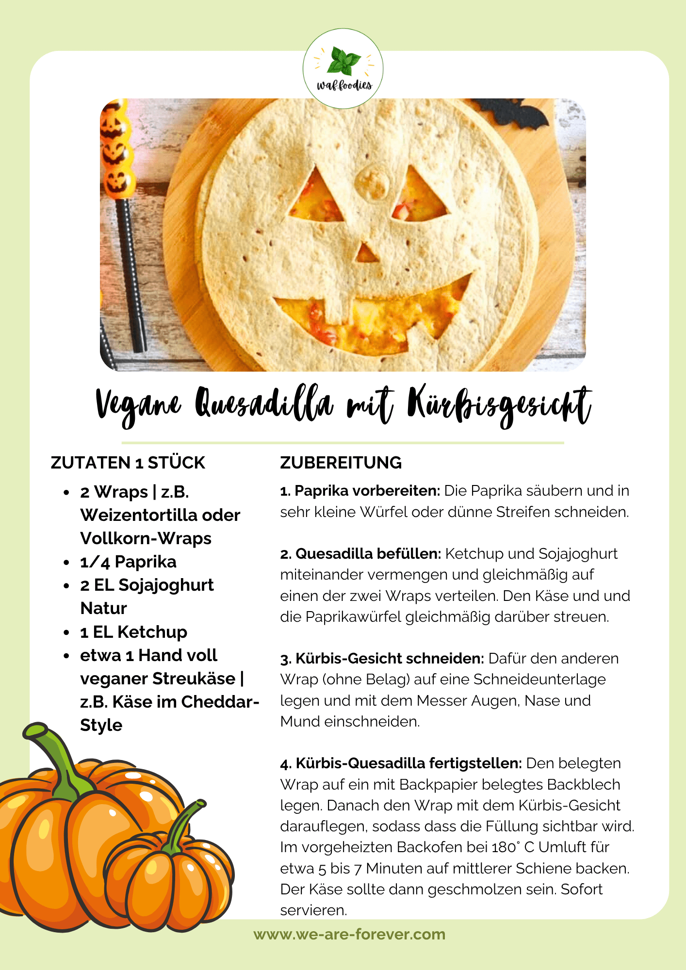 Rezeptkarte für Quesadilla mit Kürbisgesicht