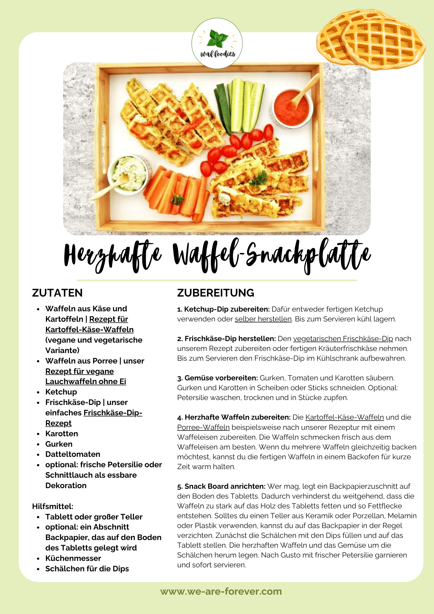 Rezeptkarte für vegane Käsewaffeln und Lauchwaffeln aus dem Waffeleisen