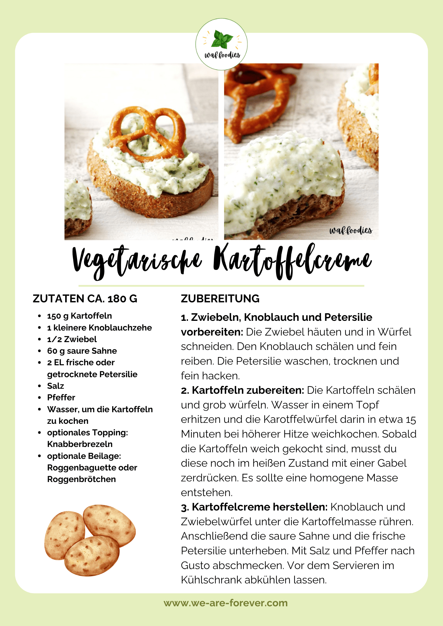 Rezeptkarte für vegetarische Kartoffelcreme als Aufstrich und Co.