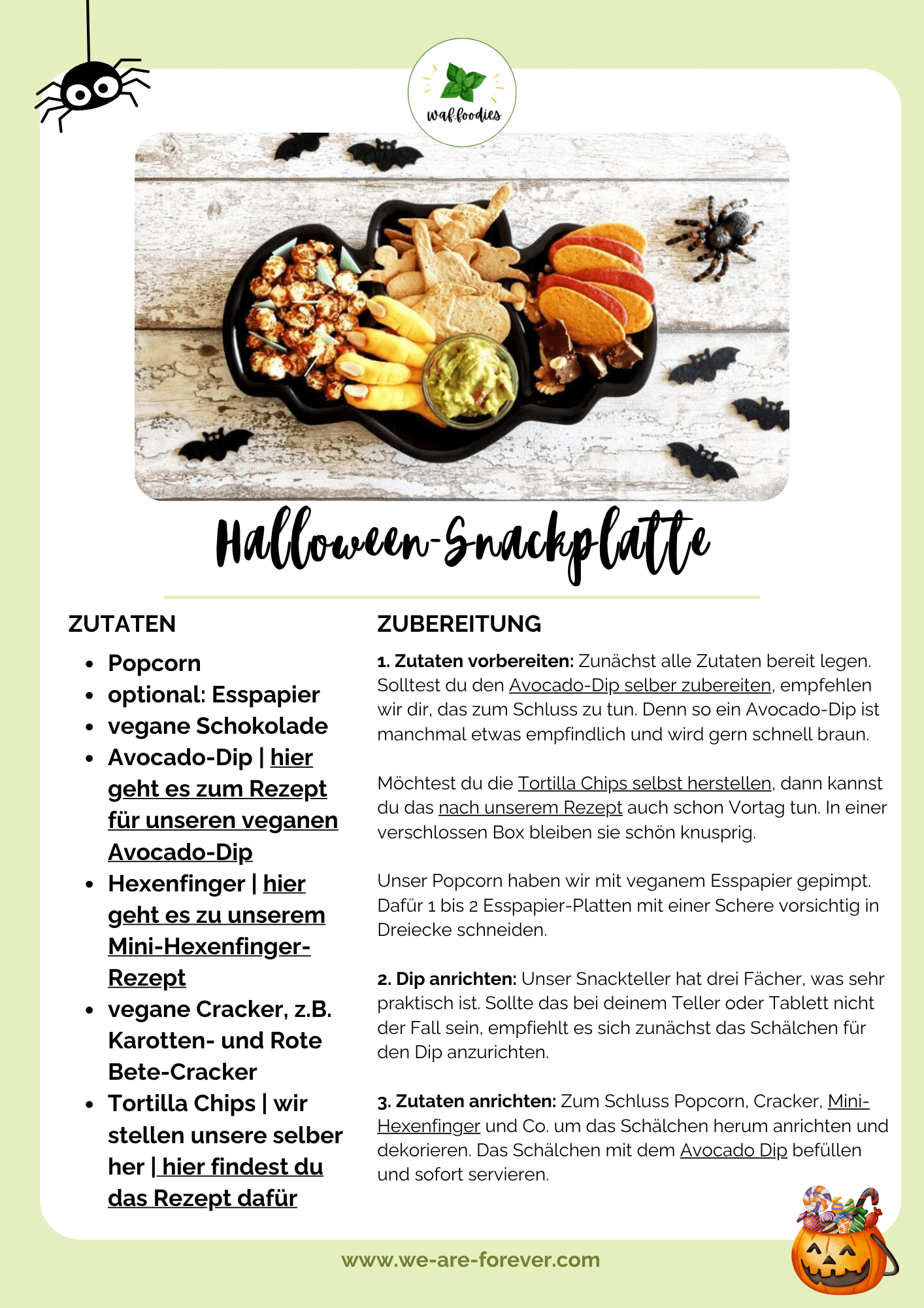 Rezeptkarte für vegane Halloweensnacks