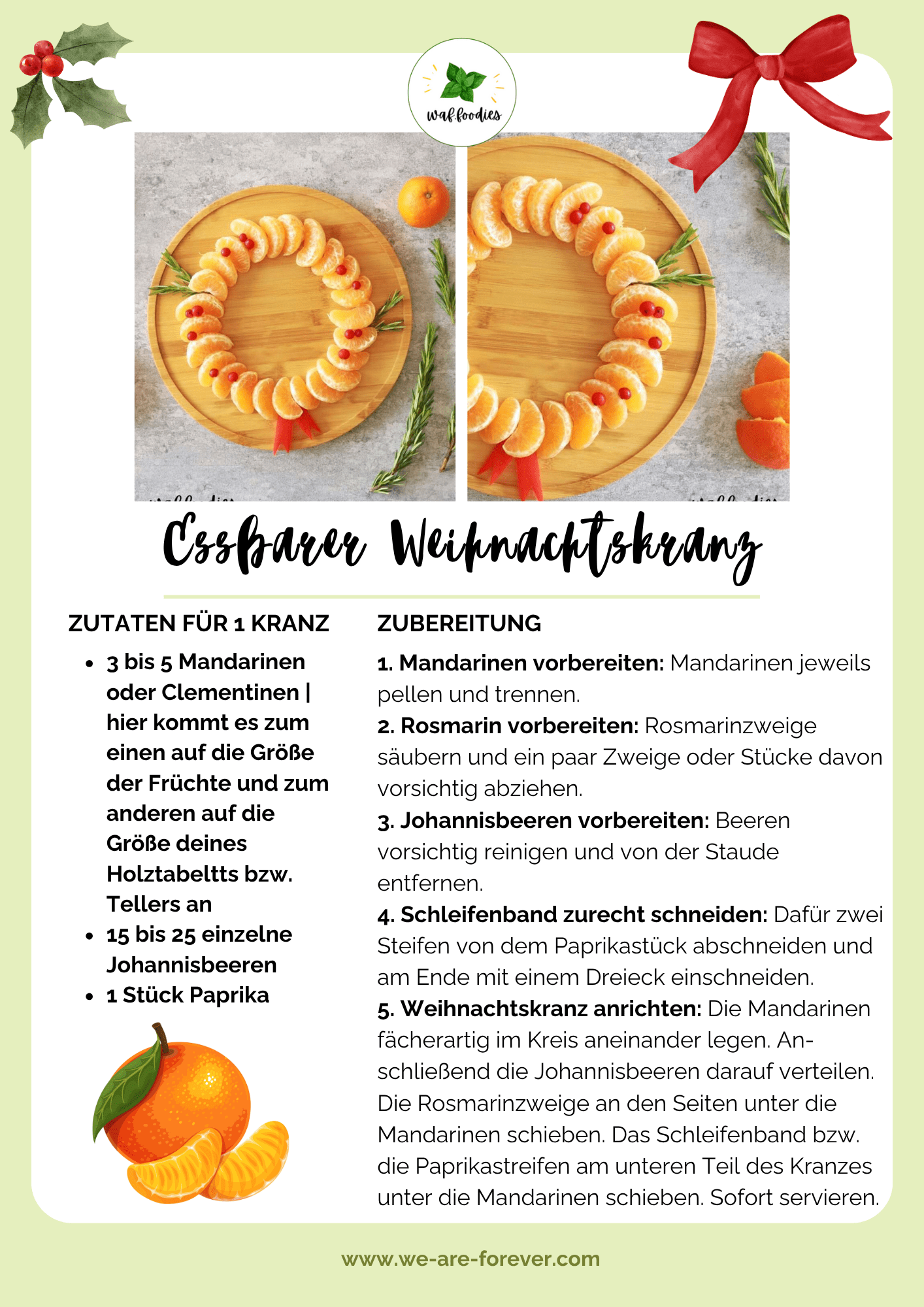 Rezeptkarte für einen Weihnachtskranz aus Mandarinen