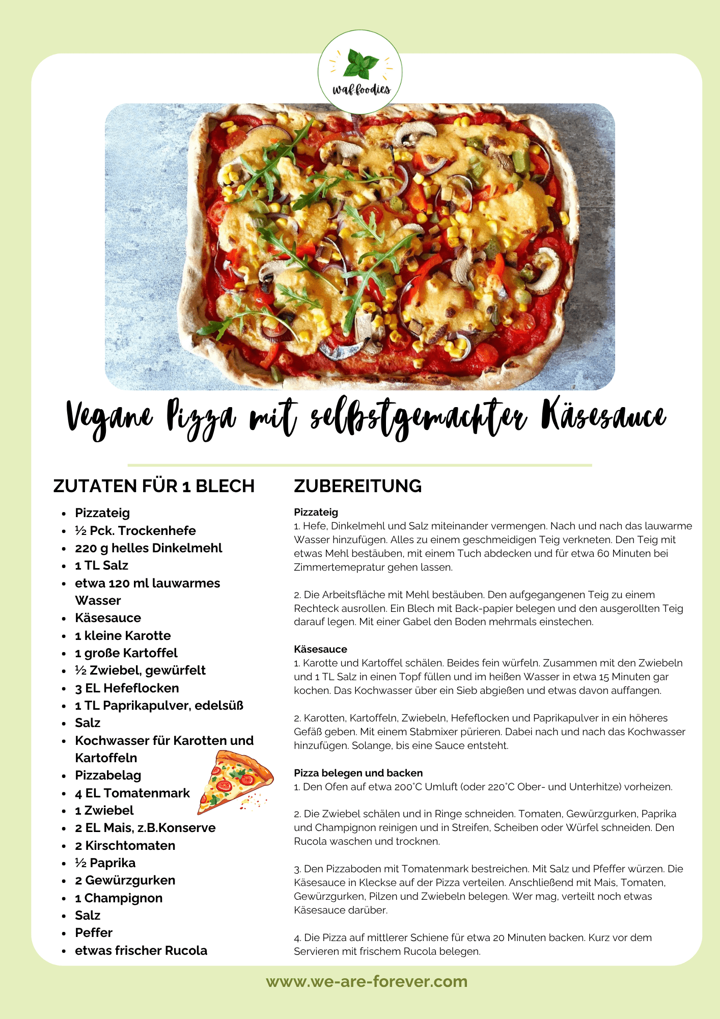 Rezeptkarte für vegane Pizza mit selbstgemachter Käsesauce