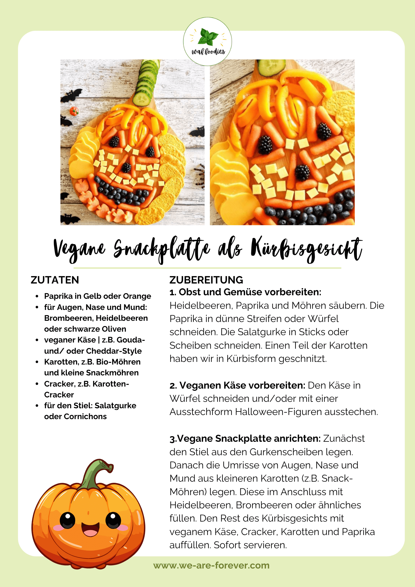 Rezeptkarte für vegane Snackplatte mit Kürbisgesicht