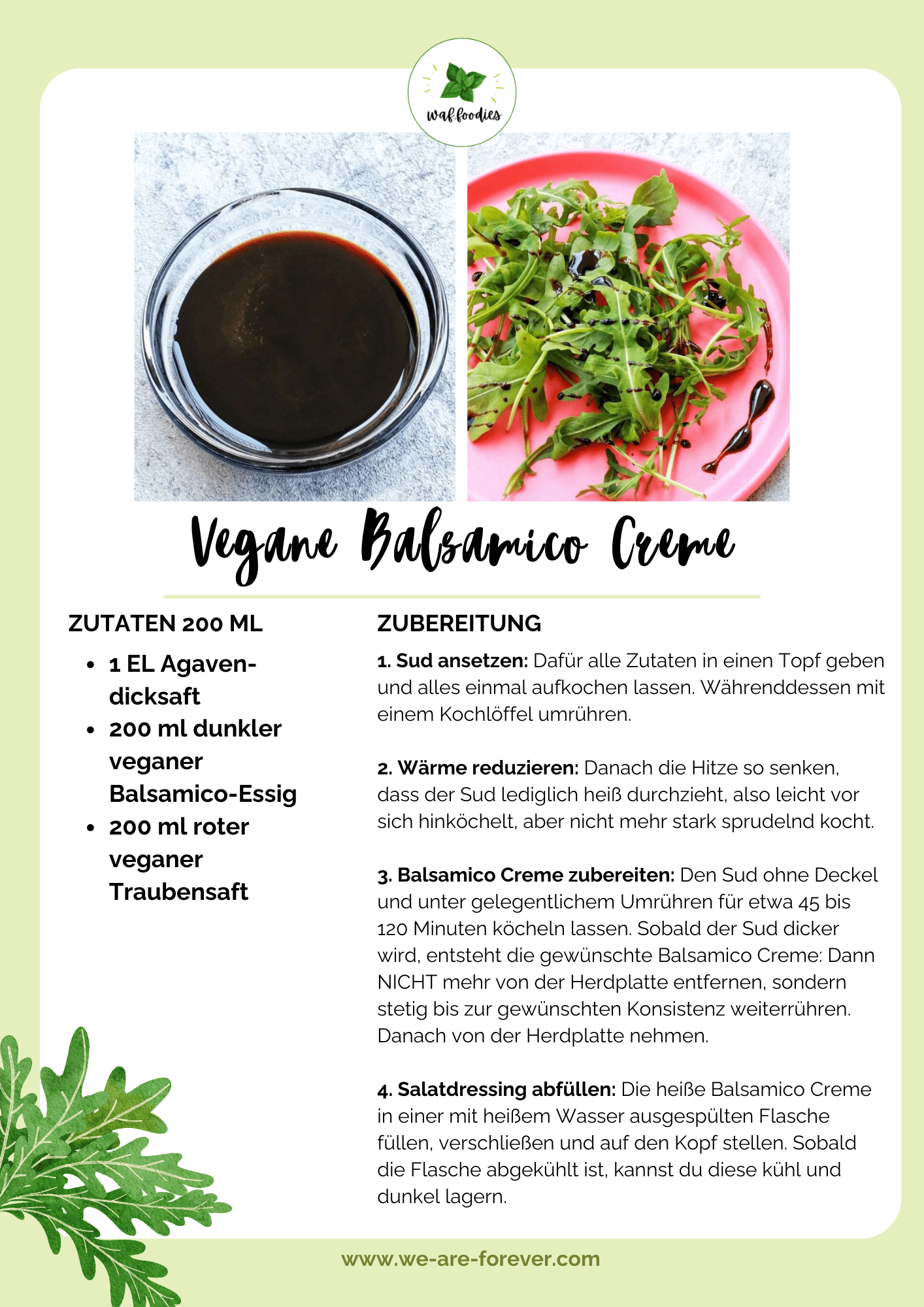 Rezeptkarte für vegane Balsamicocreme als Salatdressing und Co.