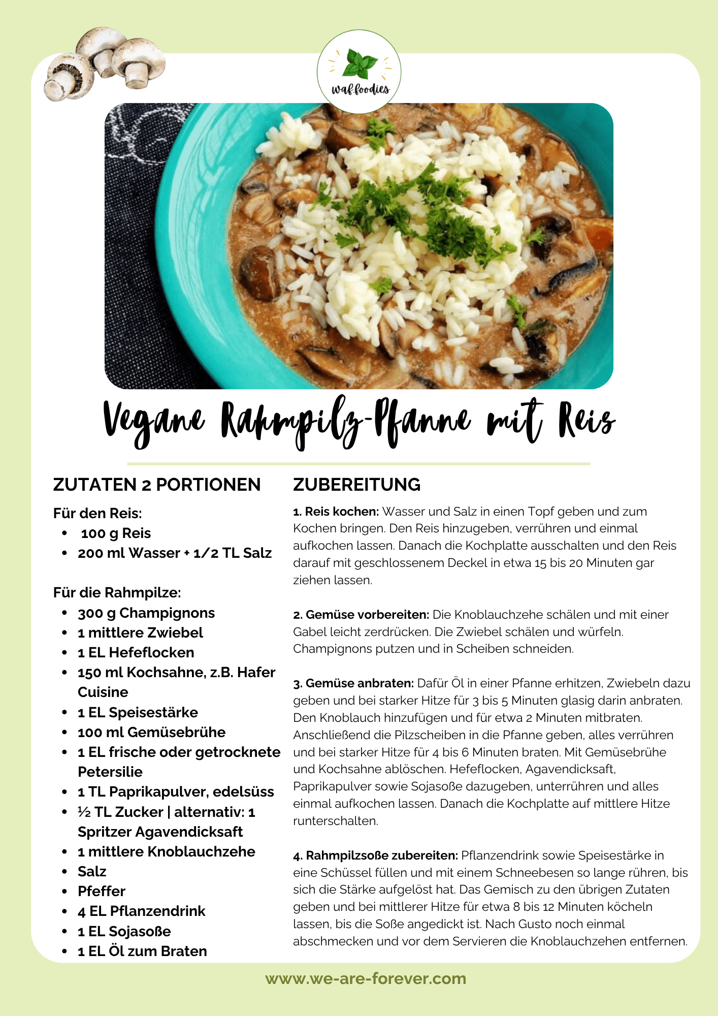 Rezeptkarte für vegane Rahmpilz-Pfanne mit Reis