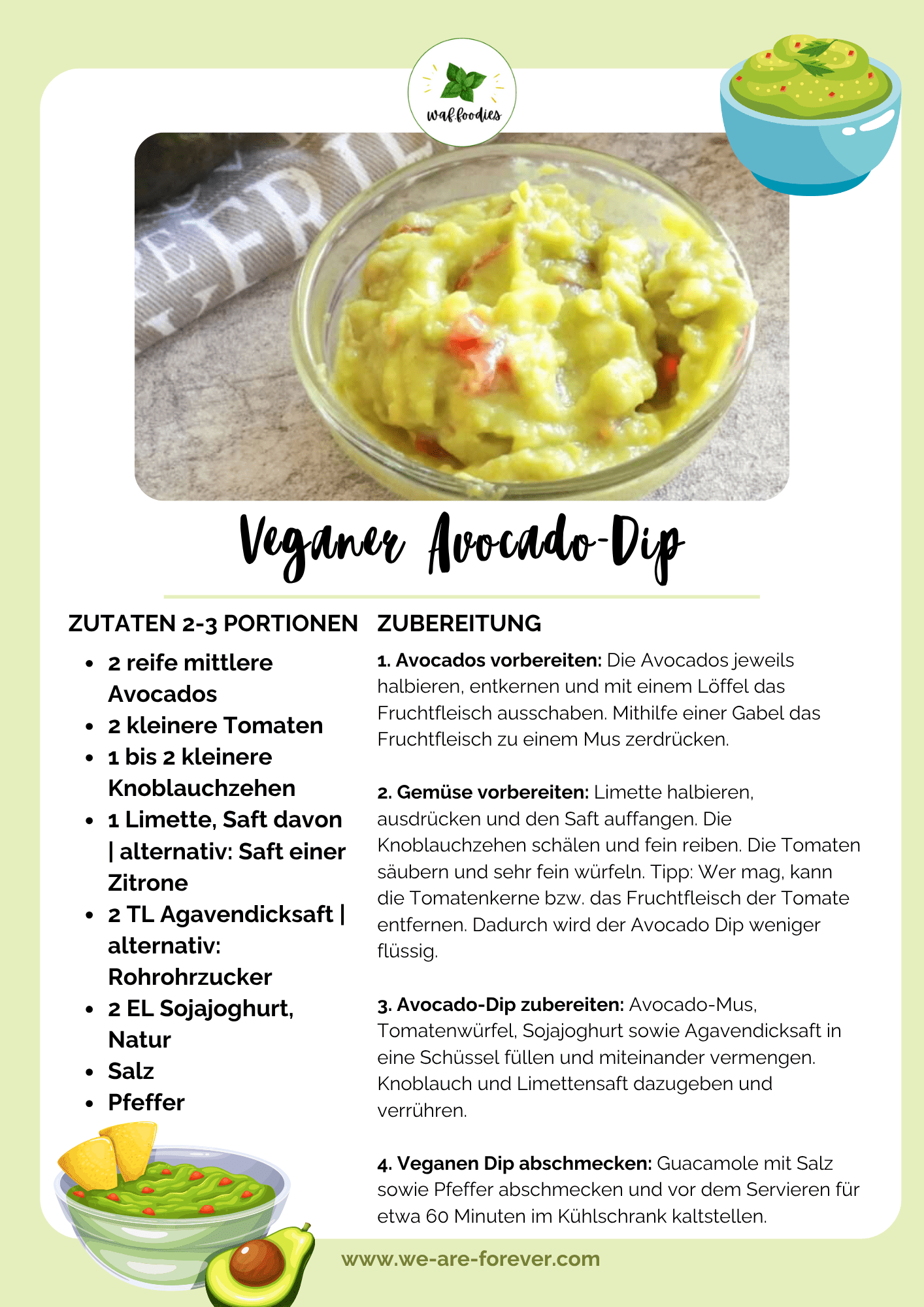 Rezeptkarte für veganen Avocado-Dip