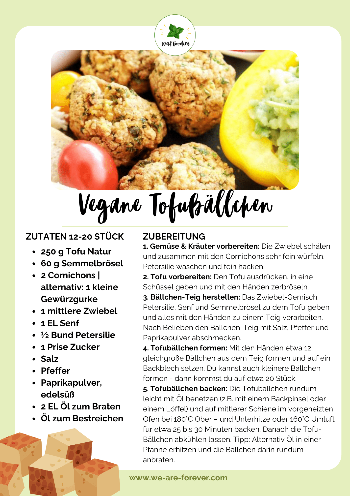 Rezeptkarte für vegane Tofubällchen zum Ausdrucken