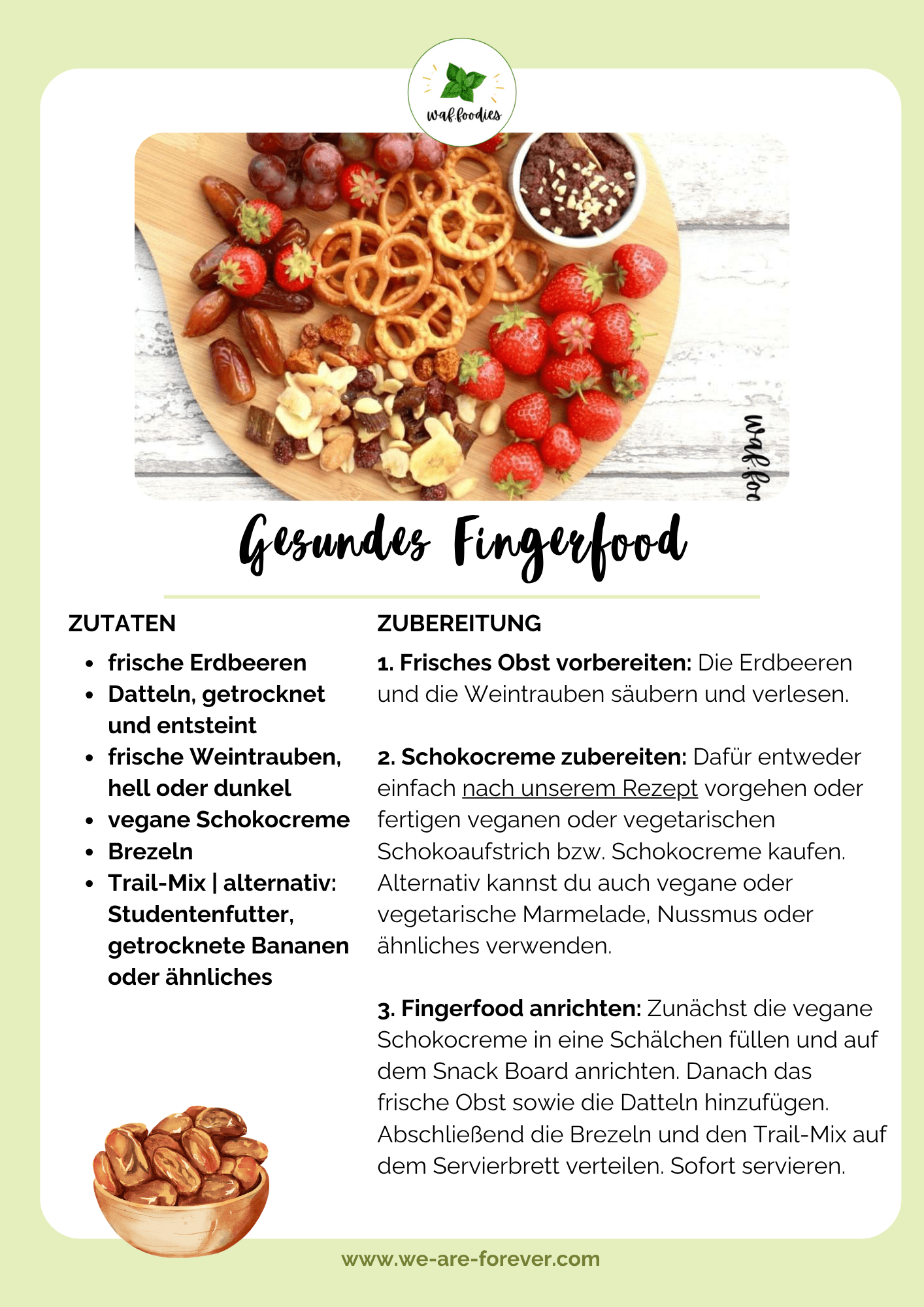 Rezeptkarte für eine süß-salzige vegane Snackplatte