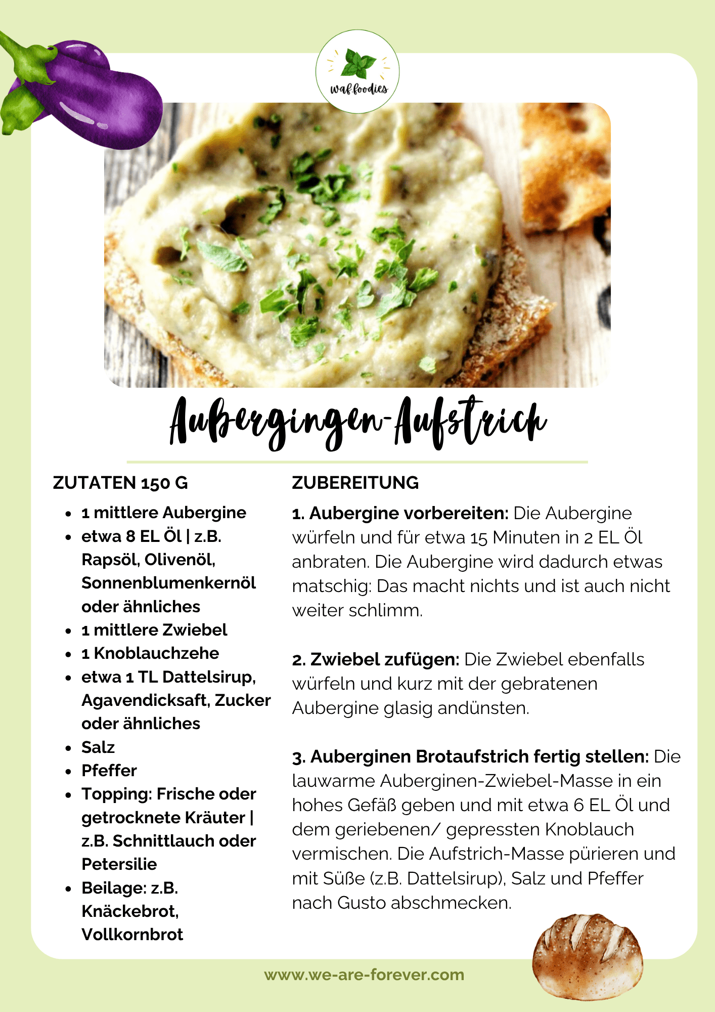 Rezeptkarte für veganen Auberginen-Brotaufstrich