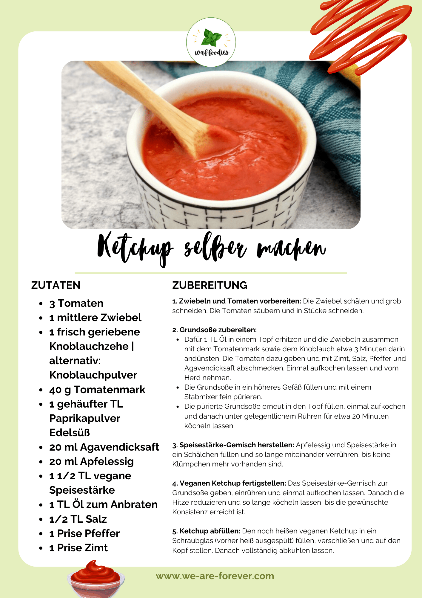 Rezeptkarte für veganen Ketchup ohne Haushaltszucker