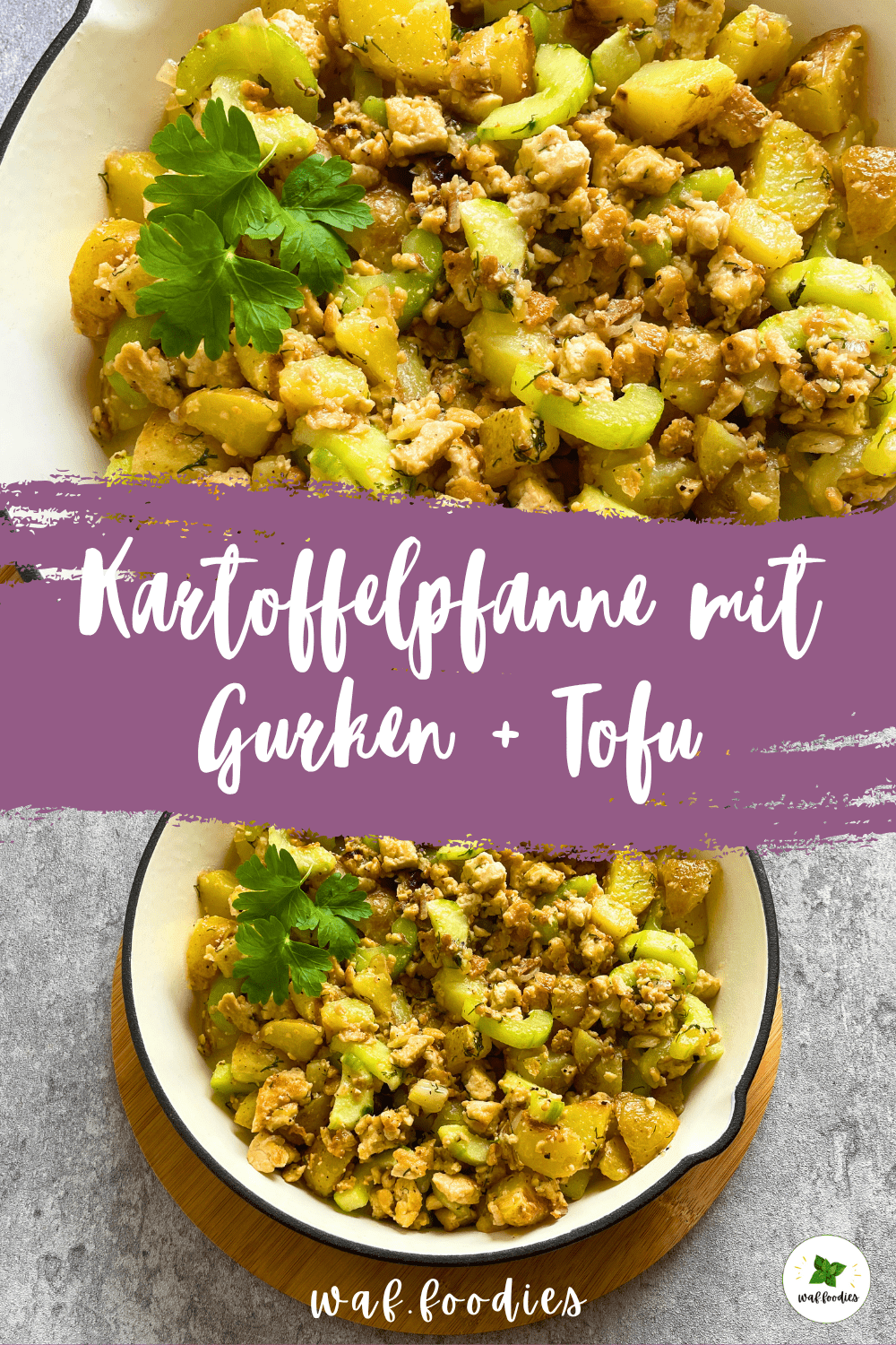 Zubereitungsschritte: Tofu, Gurken, Zwiebeln, Kartoffeln einzeln fotografiert