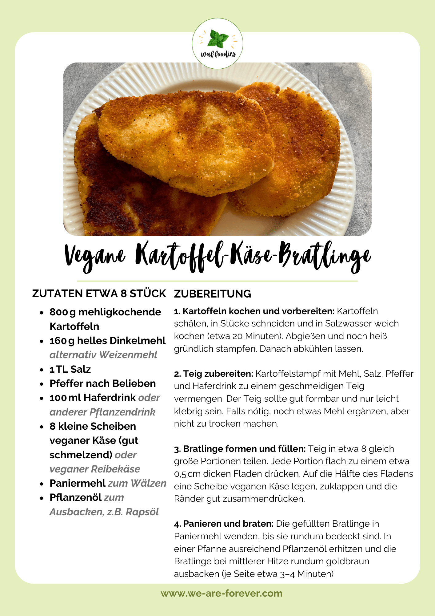 Rezeptkarte für vegane Kartoffel-Käse-Bratlinge