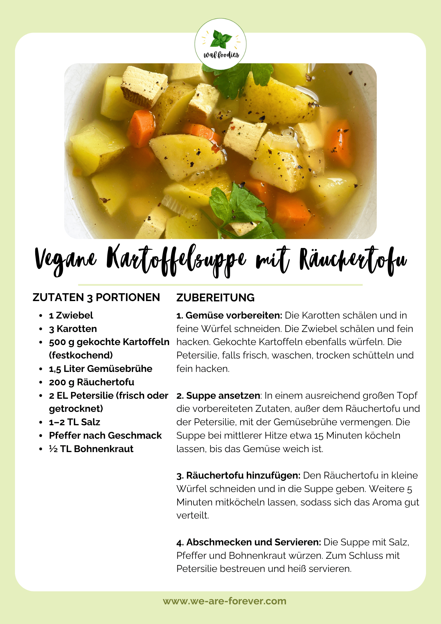 Rezeptkarte für vegane Kartoffelsuppe mit Räuchertofu | waffoodies