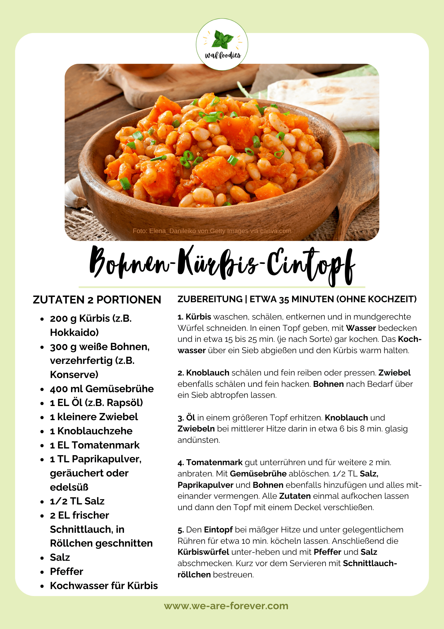 Rezeptkarte - Veganer Bohnen-Kürbis-Eintopf | waffoodies