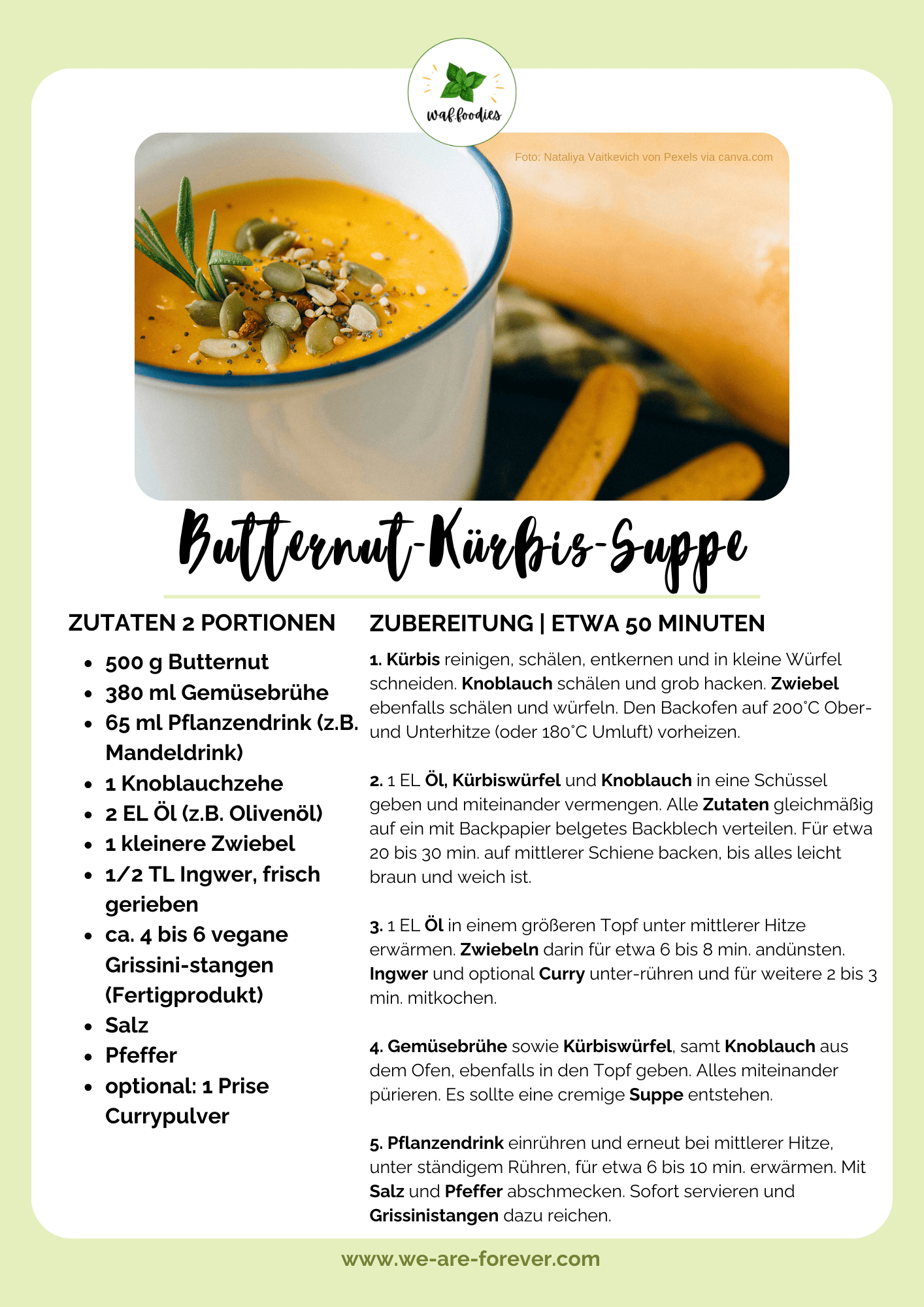 Rezeptkarte für Butternut Kürbissuppe vegan | waffoodies