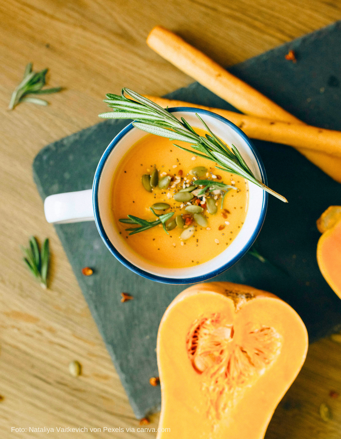 Zutaten für vegane Kürbissuppe: Butternut, Zwiebel, Knoblauch, Ingwer