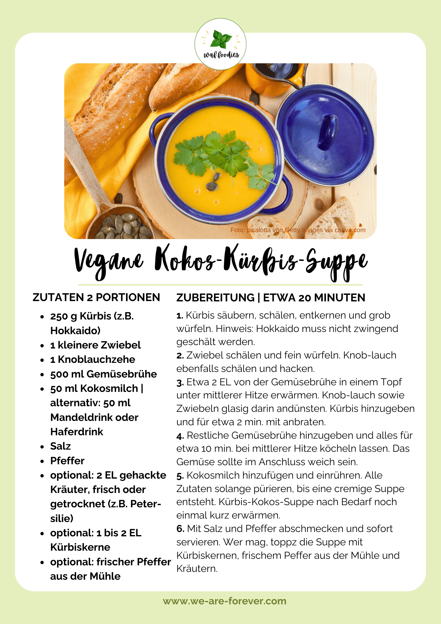 Rezeptkarte für vegane Kürbis-Kokos-Suppe | waffoodies