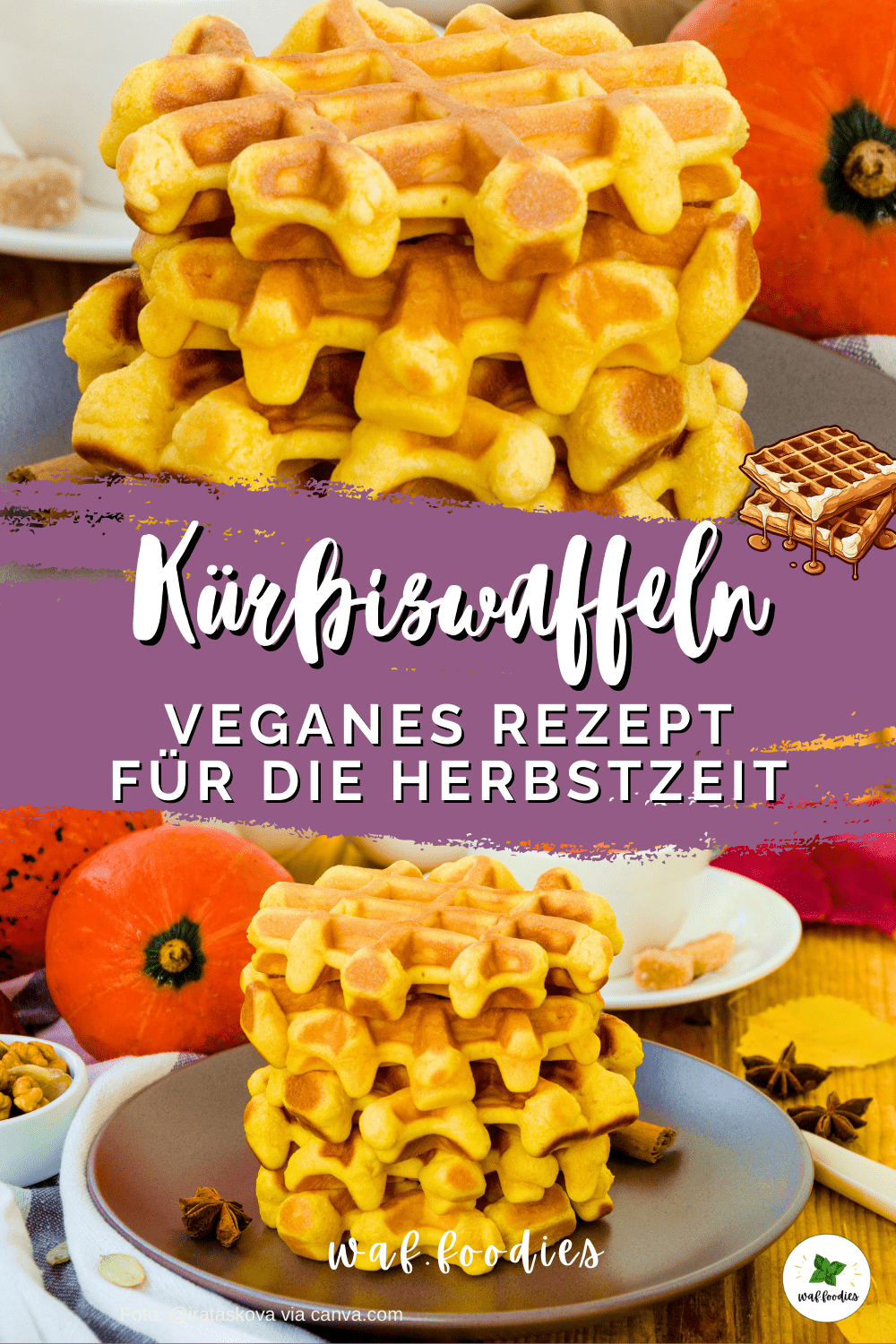 Goldbraune vegane Kürbiswaffeln auf Teller mit Zimt bestreut