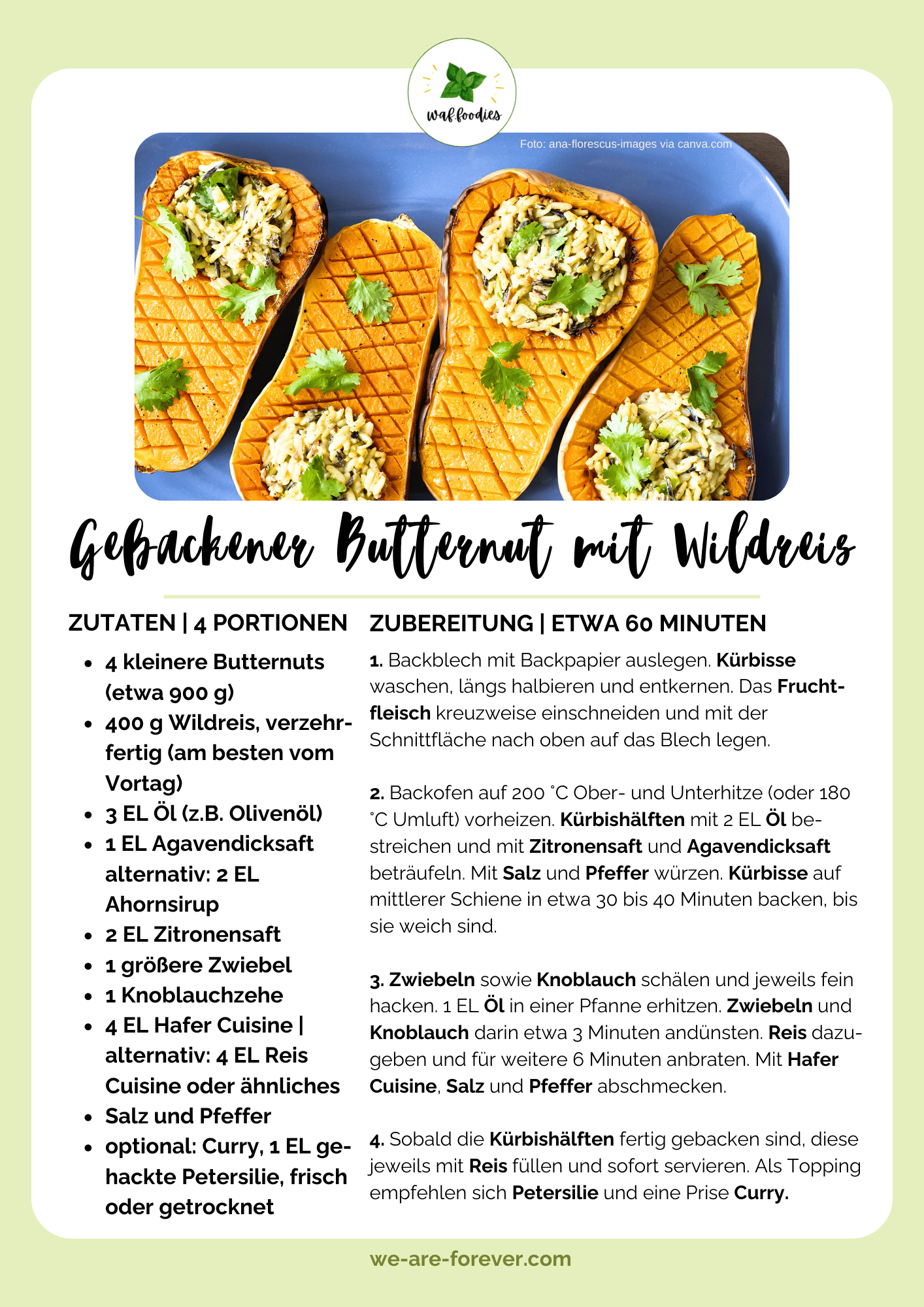 Rezeptkarte Gebackener Butternut Kürbis mit Wildreis | waffoodies