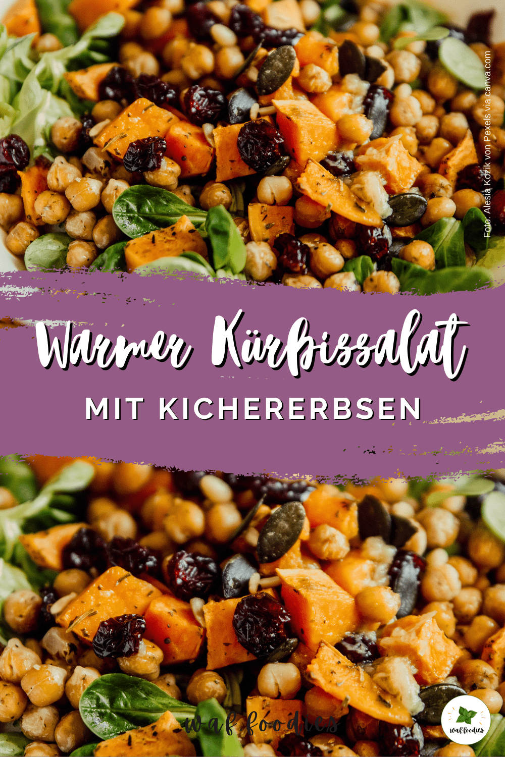 Warmer Kürbissalat mit Kichererbsen und Cranberries serviert