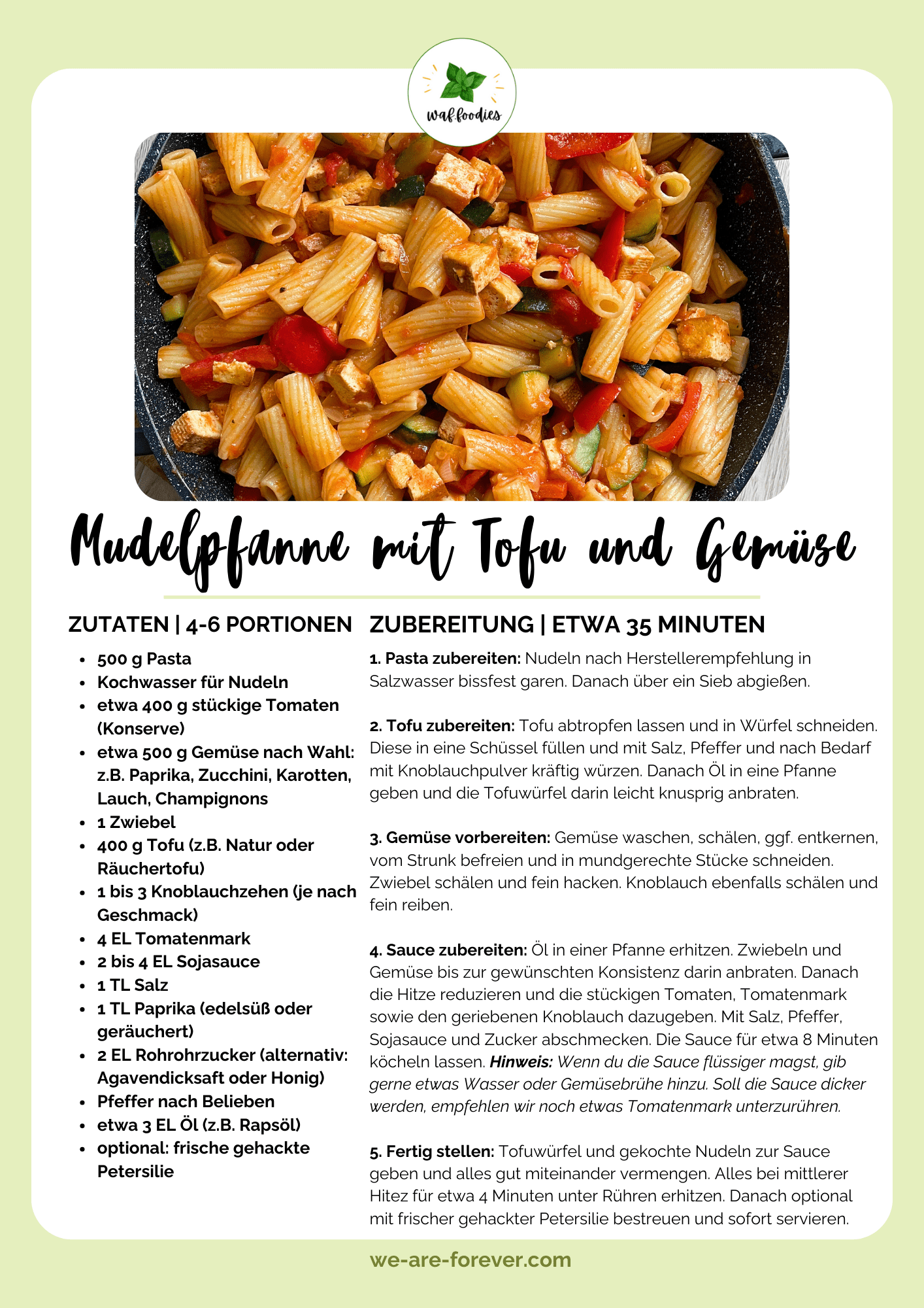 Rezeptkarte Nudelpfanne mit Tofu, Gemüse und einer fruchtigen Tomatensauce | waffoodies