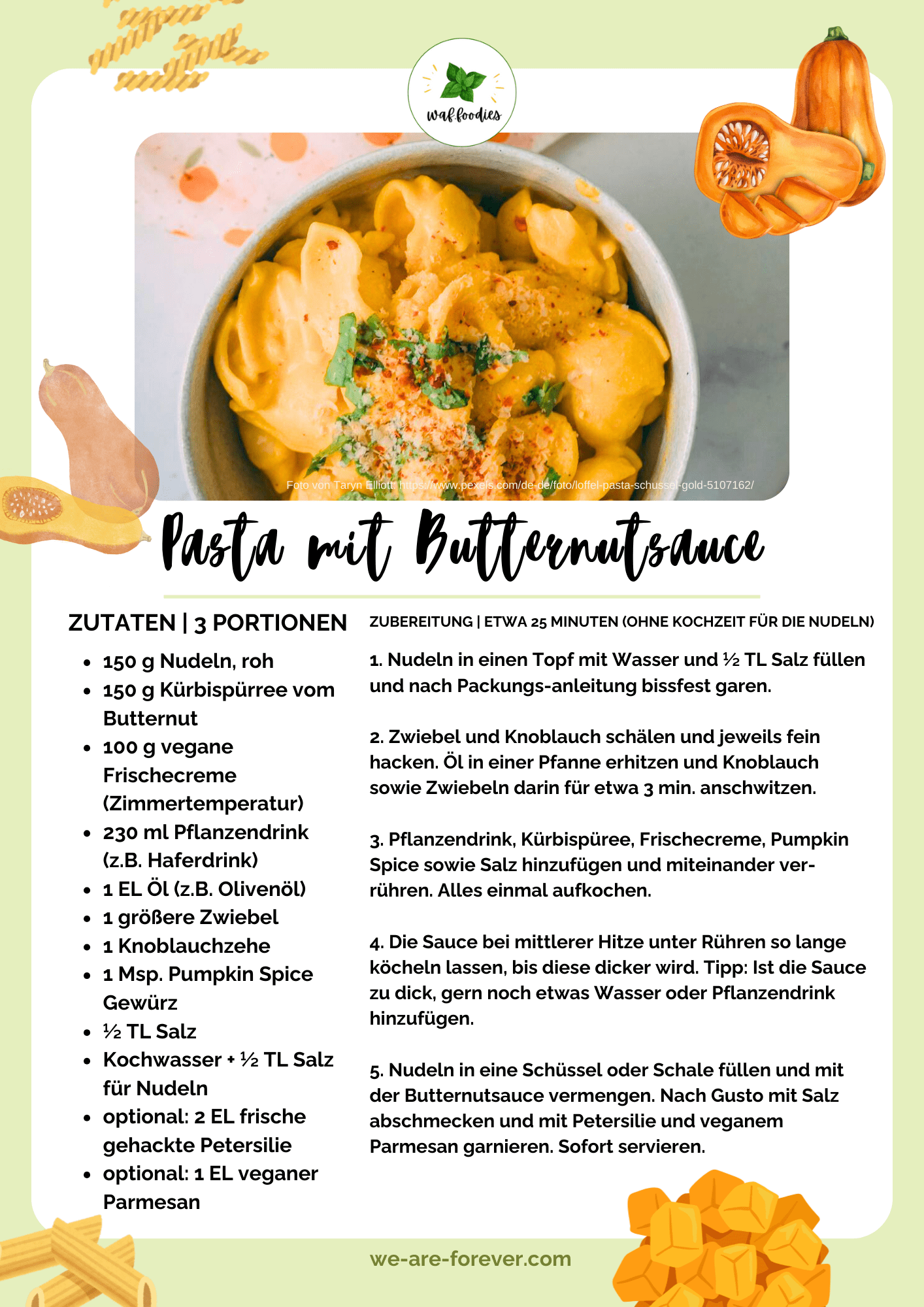 Rezeptkarte Pasta mit Butternut Sauce | waffoodies