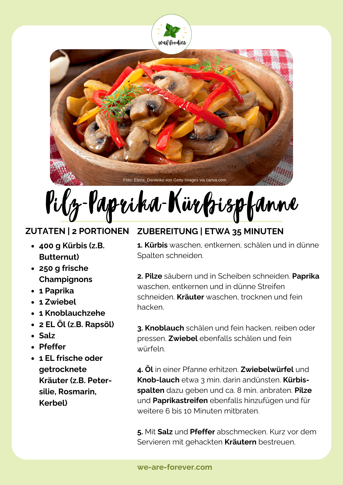Rezeptkarte Vegane Kürbispfanne mit Paprika und Pilzen | waffoodies