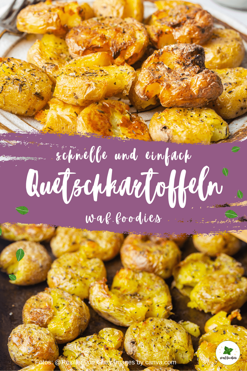 Goldbraune smashed potatoes auf Backpapier angerichtet