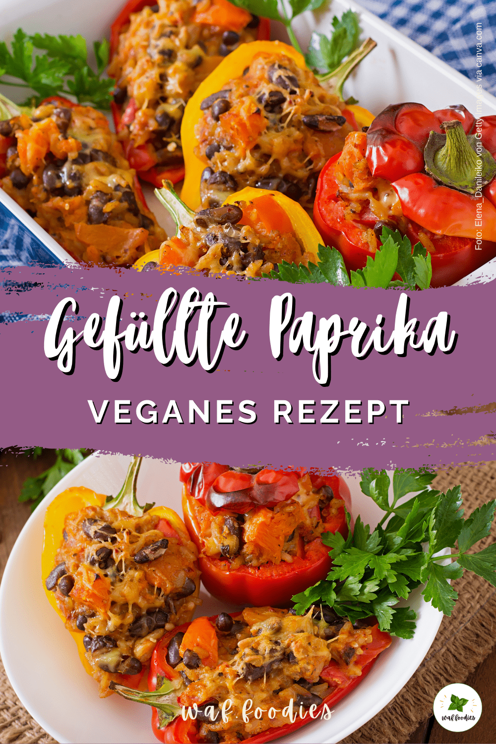 Gefüllte Paprika mit Kürbis und Kidneybohnen im Ofen überbacken