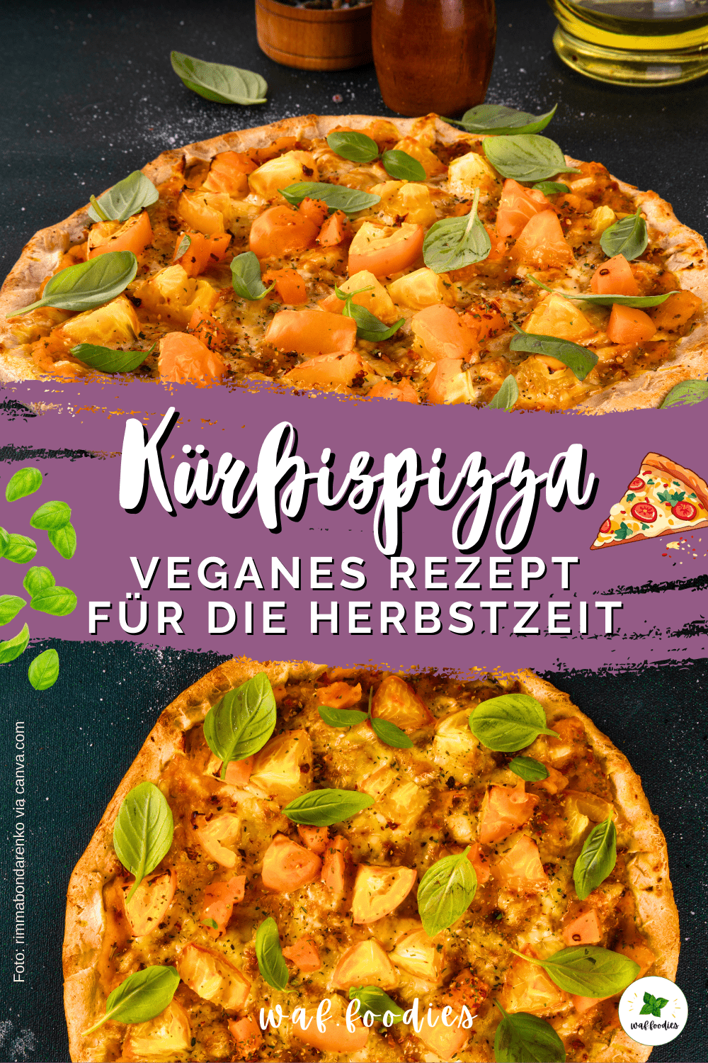 Vegane Kürbispizza frisch aus dem Ofen mit Basilikum garniert
