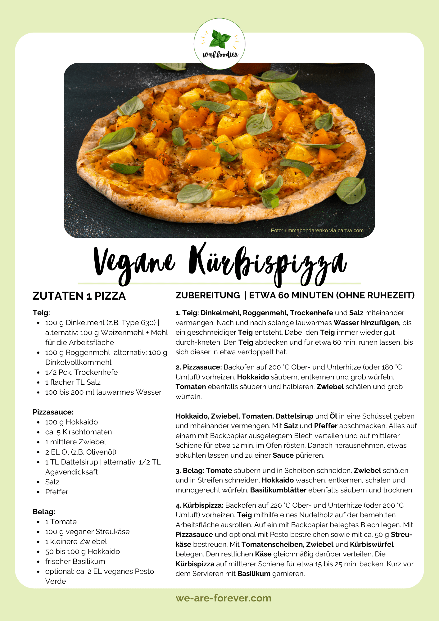 Rezeptkarte für vegane Kürbispizza | waffoodies