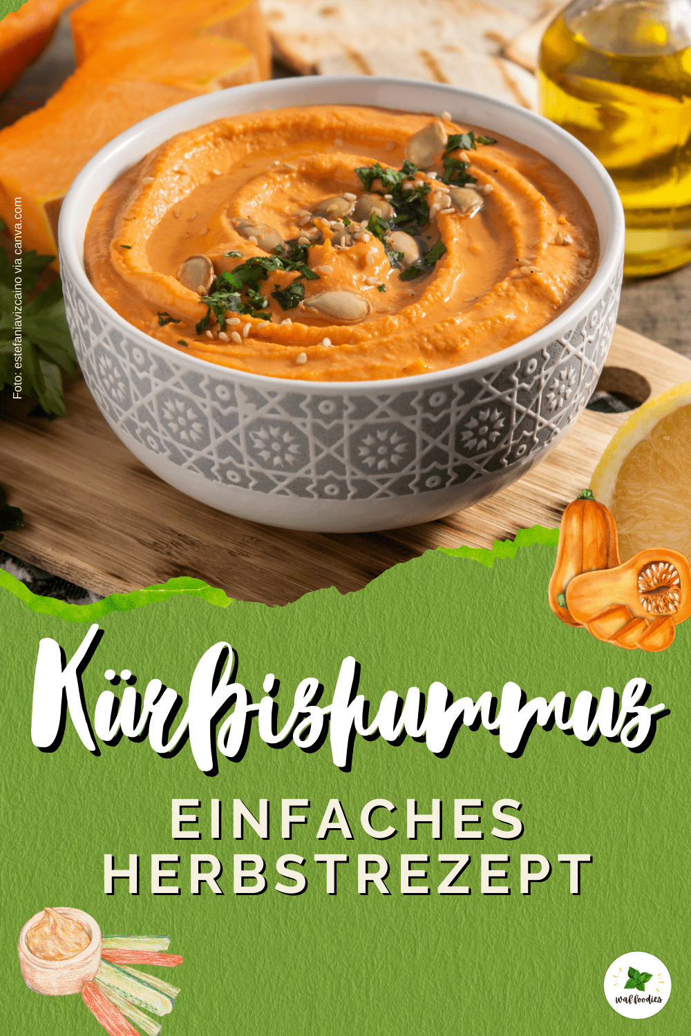 Cremiger veganer Kürbishummus in einer Schale serviert