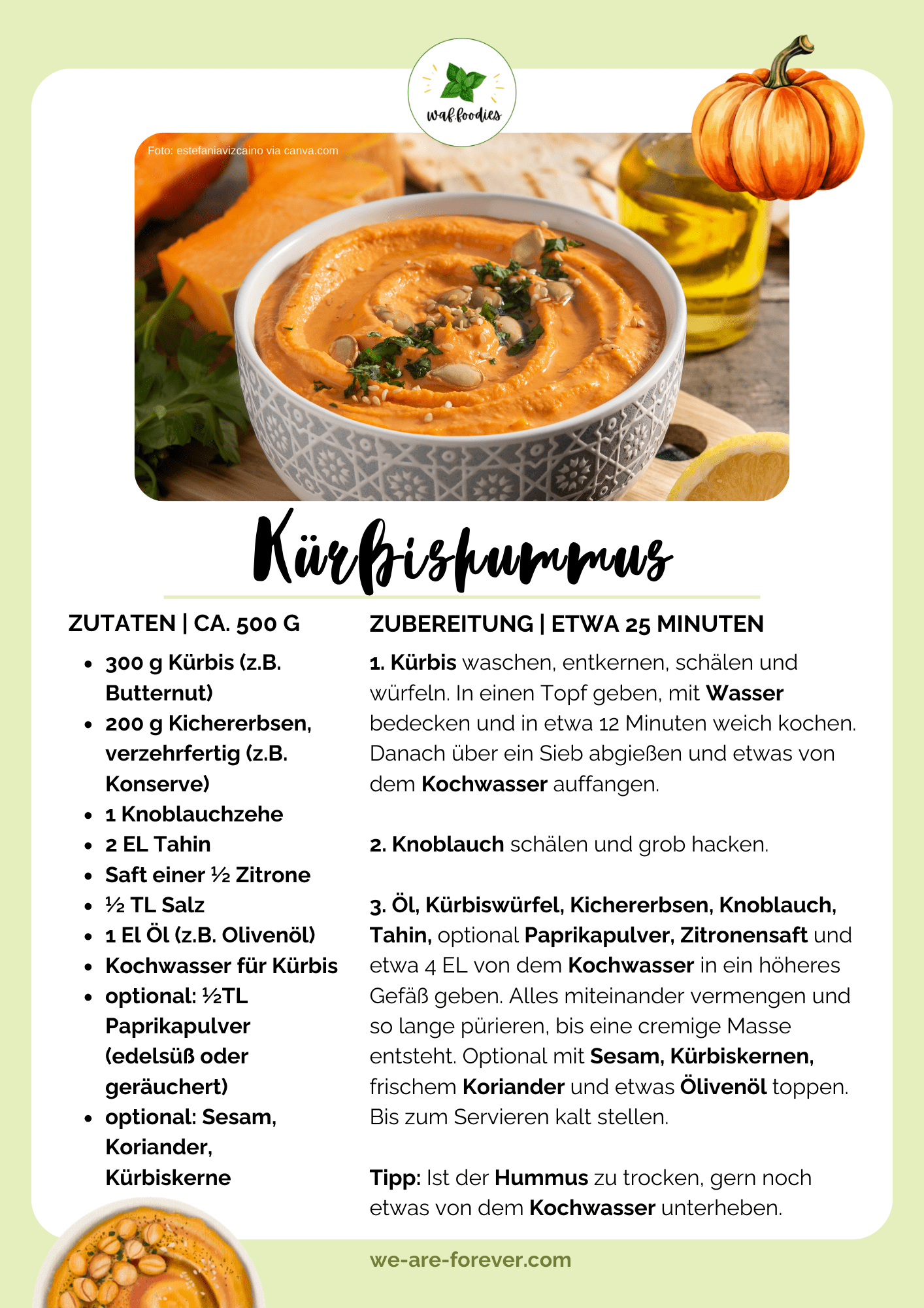 Rezeptkarte Veganer Kürbishummus Rezept | waffoodies