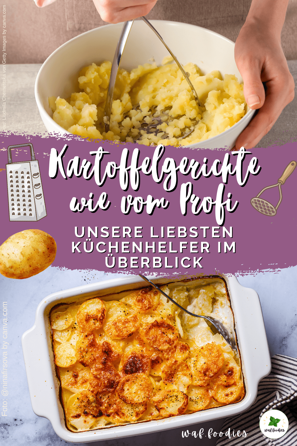 Auflaufform mit knusprigem Kartoffelgratin, Küchenmesser, Stampfer und Pfanne – perfekte Küchenhelfer für Kartoffelgerichte