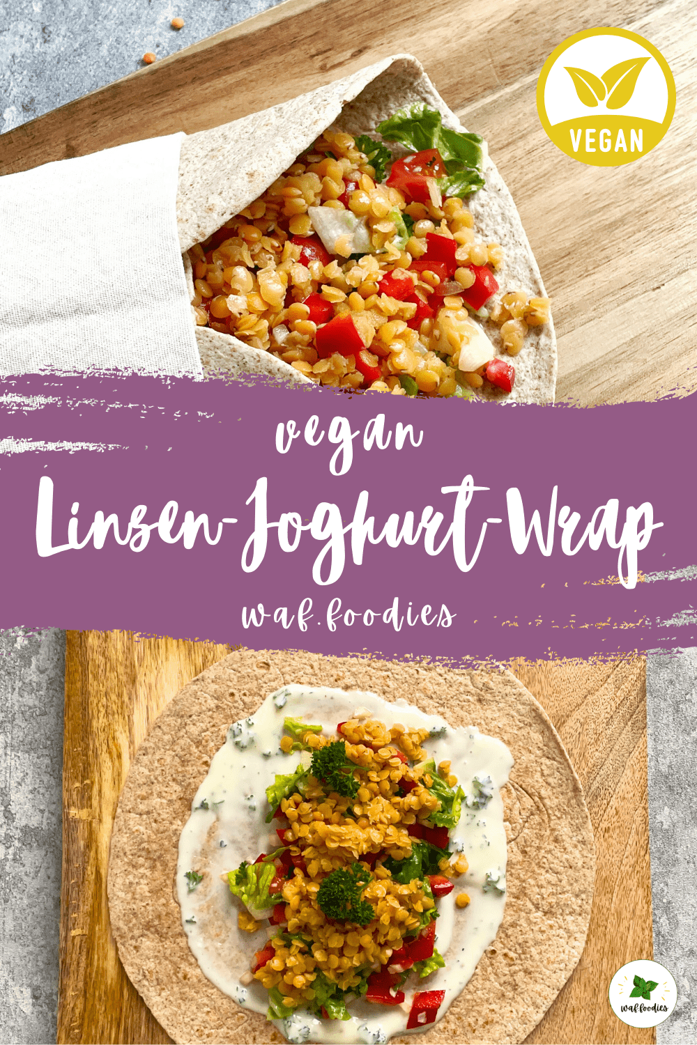 Veganer Linsenwrap angerichtet auf einem Teller mit zusätzlicher Joghurtsauce