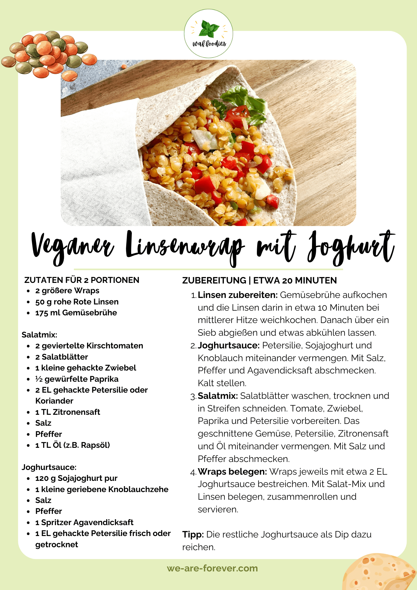 Veganer Linsenwrap angerichtet auf einem Teller mit zusätzlicher Joghurtsauce
