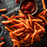 Knusprige vegane Süßkartoffelpommes frisch aus der Fritteuse auf einem Teller